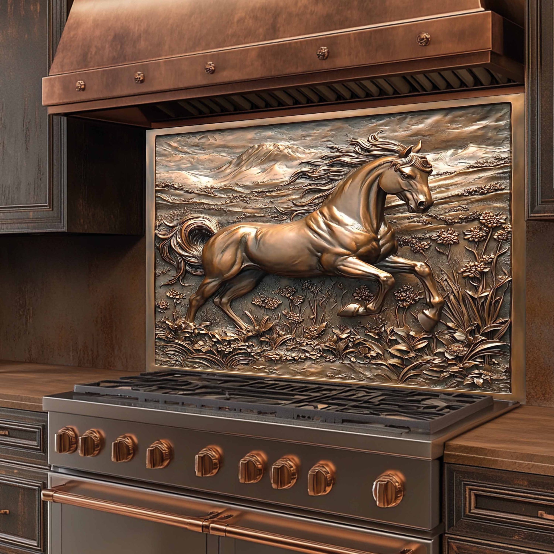 Decorative stove with a horse glass backsplash on the front