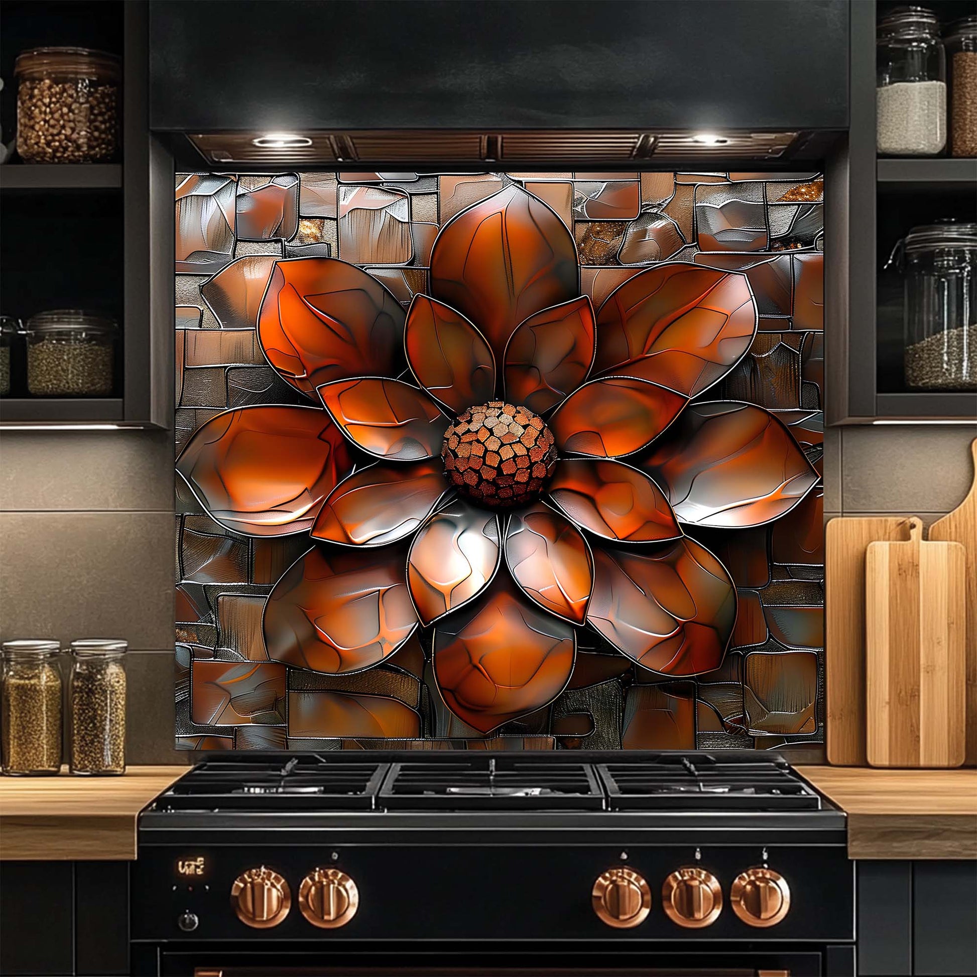 Stylish kitchen with a decorative floral backsplash above a black stove.