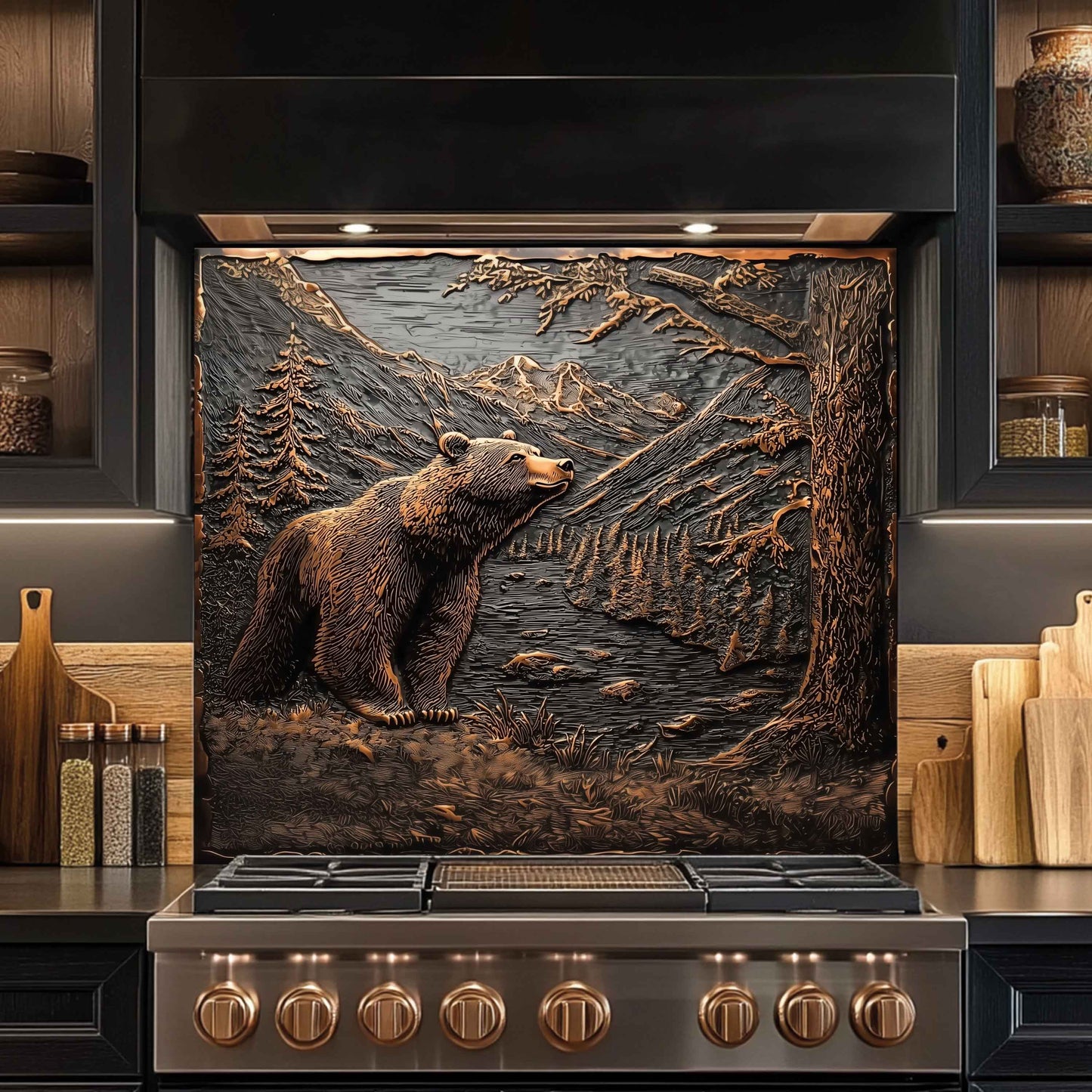 Stainless steel stove with decorative wall art featuring a bear and mountain landscape.