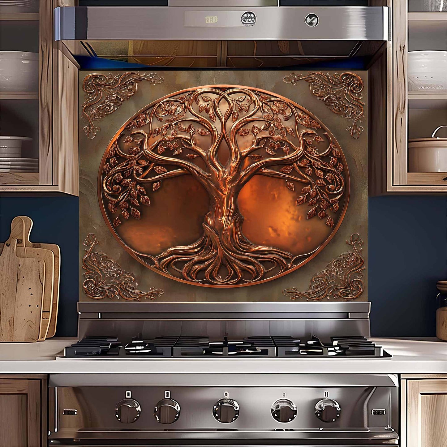Stainless steel stove with decorative copper tree of life design on the glass backsplash