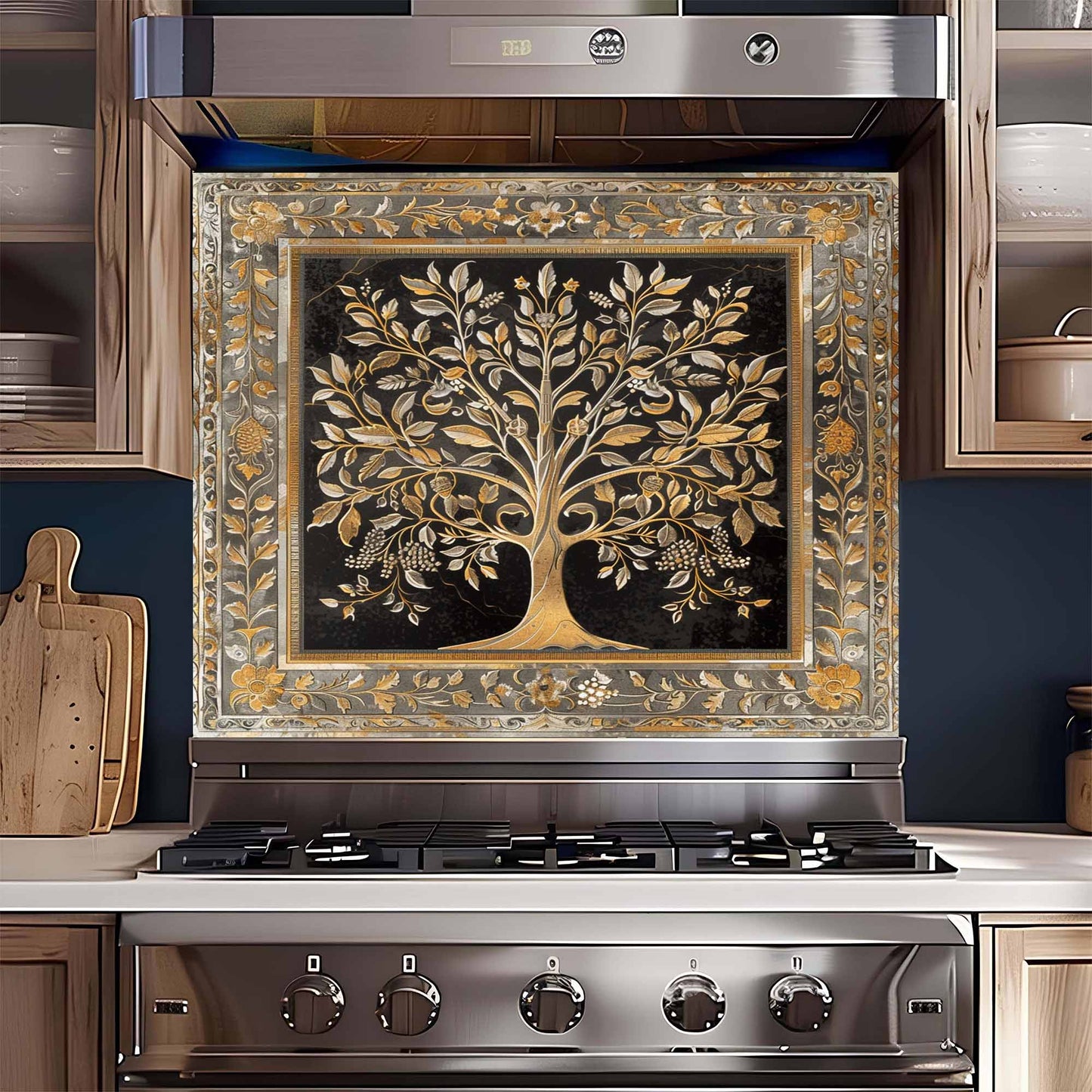 Stainless steel stove with decorative backsplash featuring a tree design.