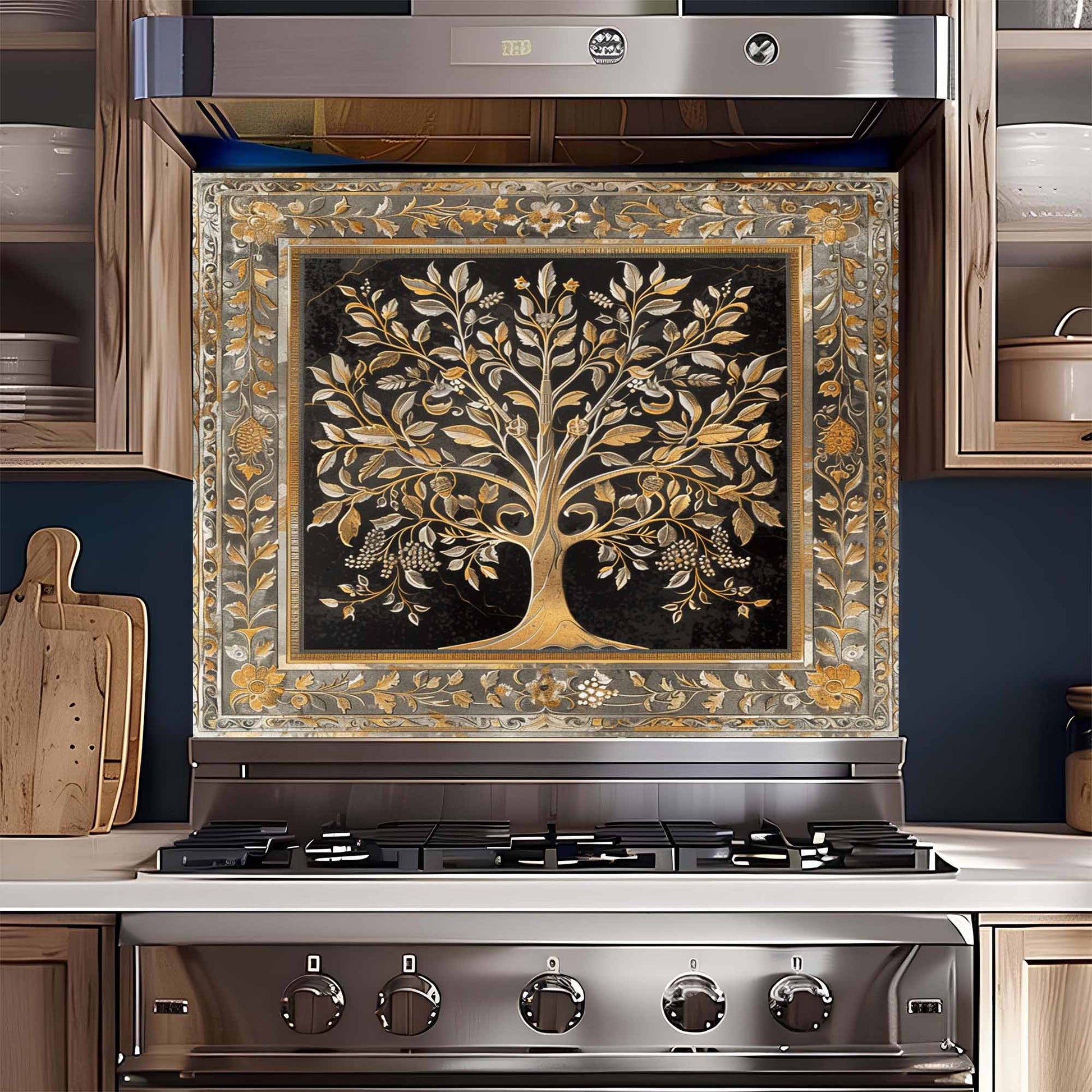 Stainless steel stove with decorative backsplash featuring a tree design.