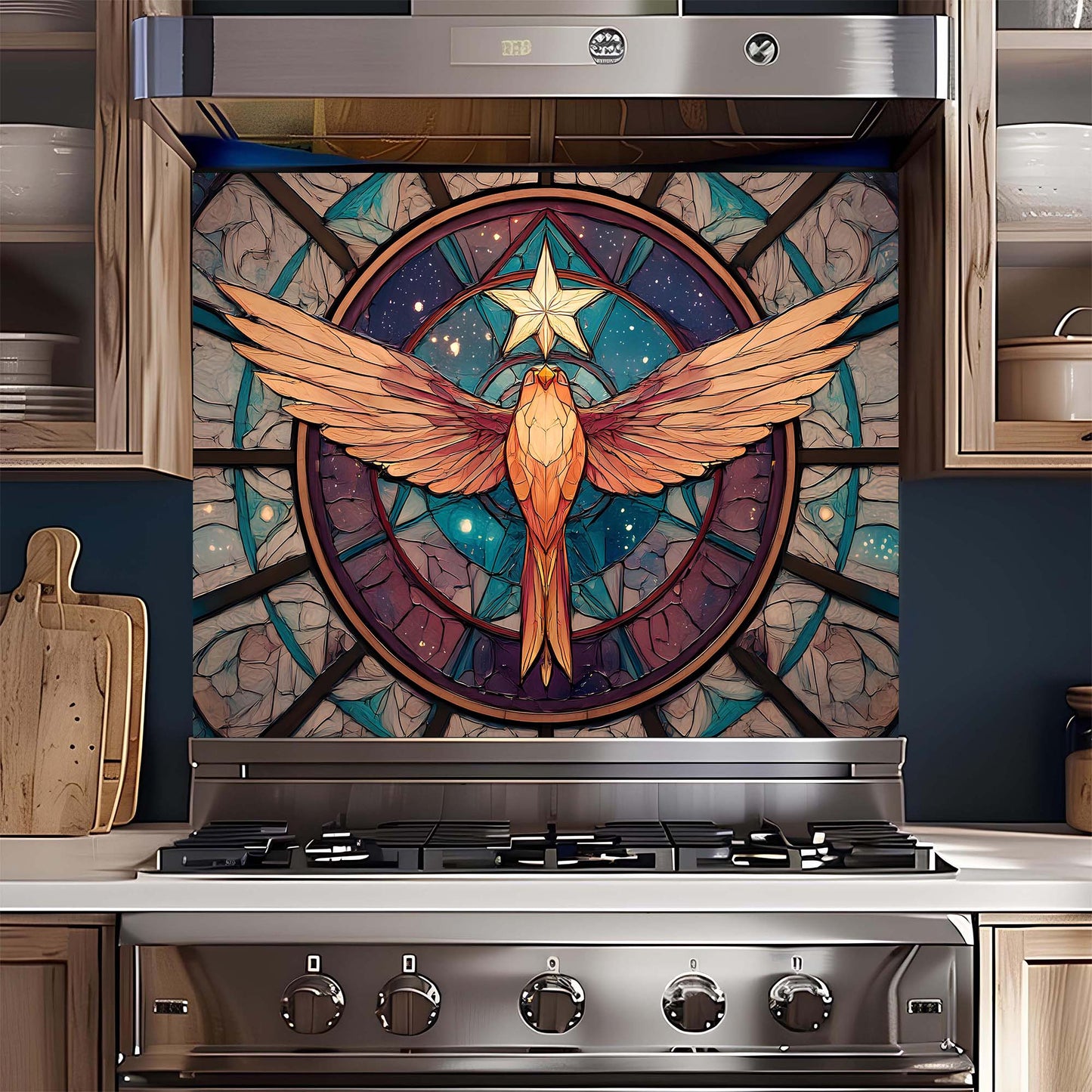 Stainless steel gas stove with a decorative glass panel featuring a phoenix design.