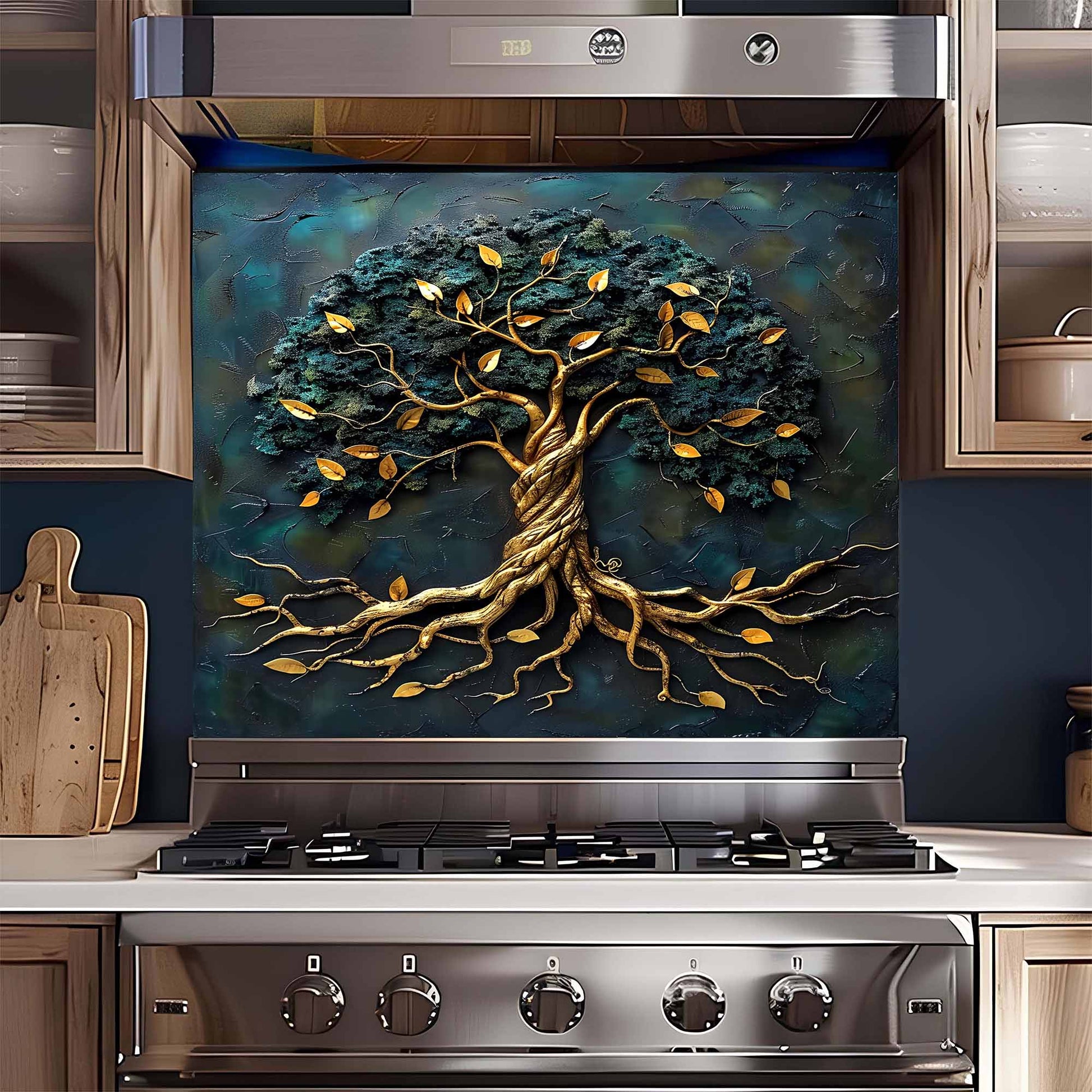 Stainless steel oven with decorative tree glass backsplash in a kitchen setting