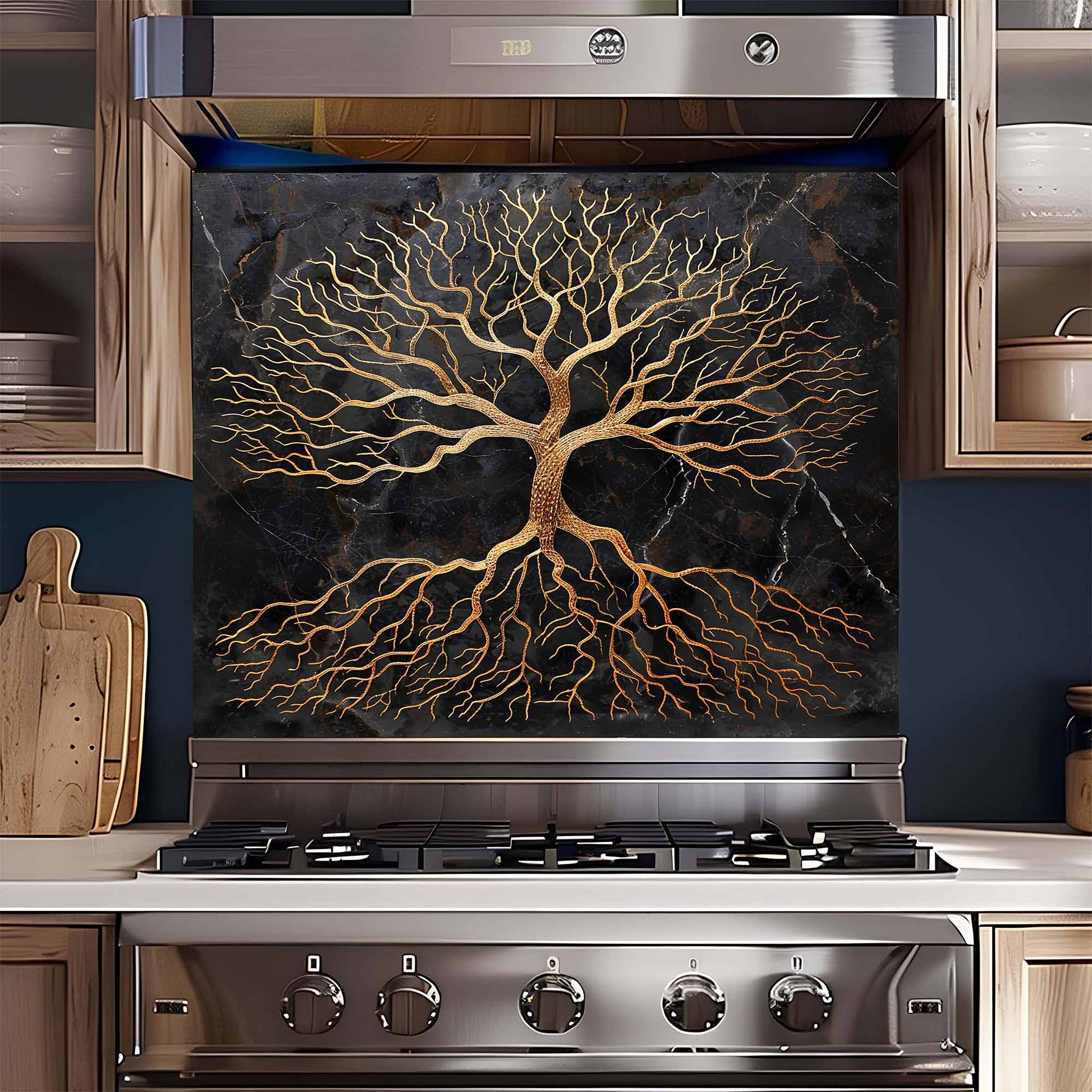 Stainless steel stove with decorative backsplash featuring a tree design.