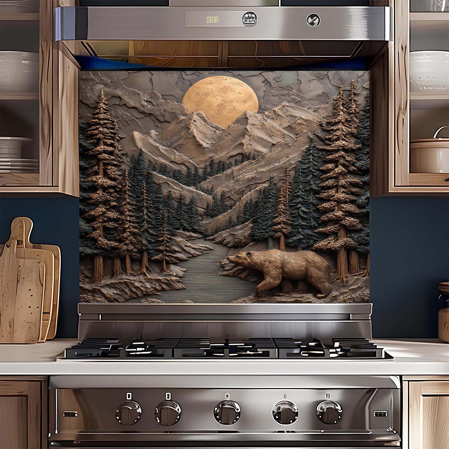 Stainless steel gas stove with a decorative backsplash featuring a bear and mountain scene.