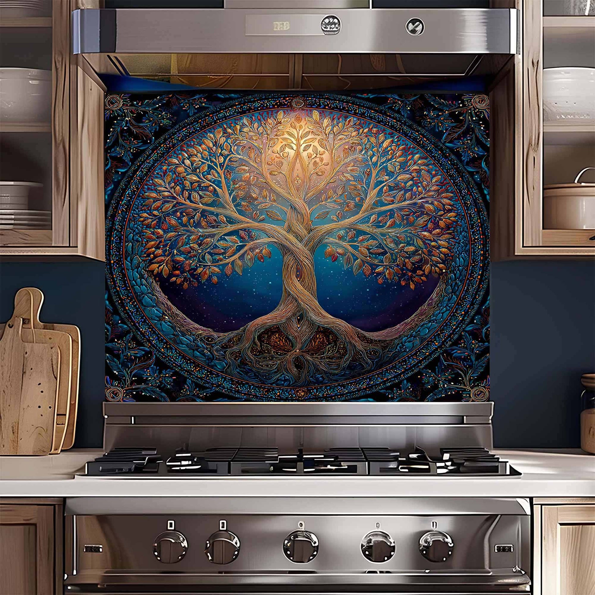 Stainless steel oven with a decorative tree of life design on the glass back splash.
