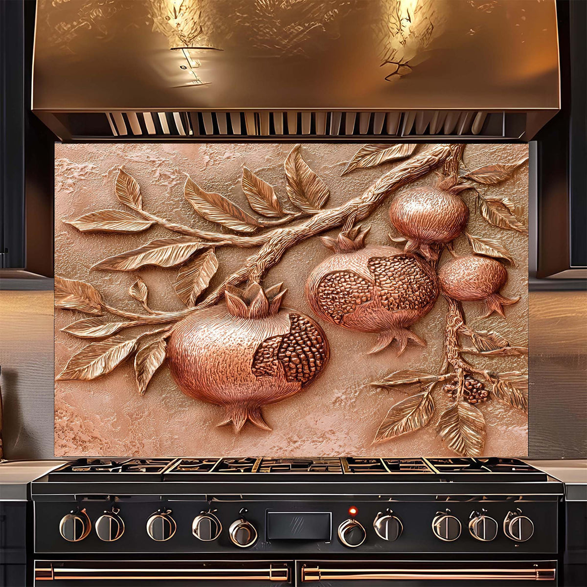 Stainless steel oven with decorative backsplash featuring pomegranates and leaves.