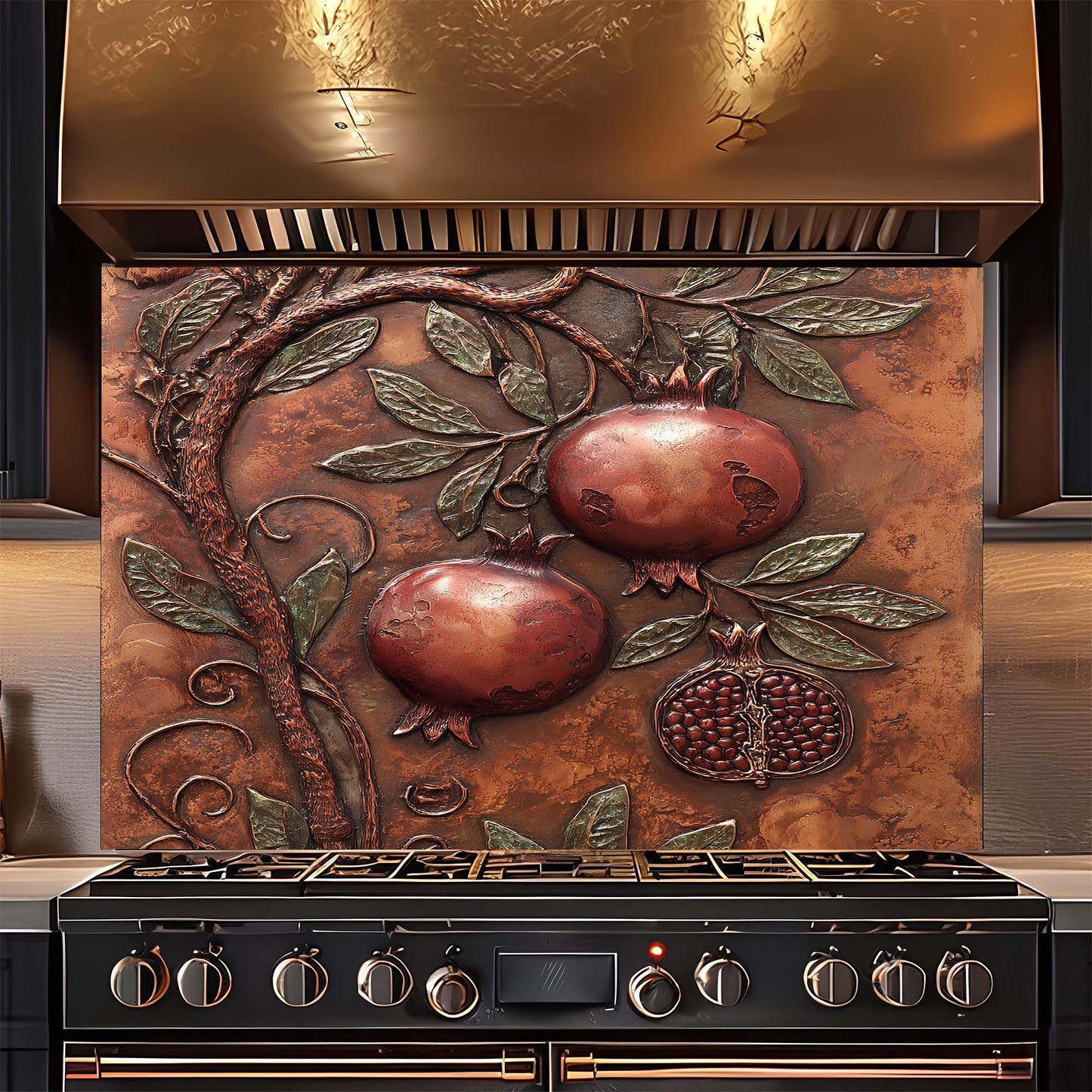 Decorative copper look glass backsplash with pomegranate design above a stove.