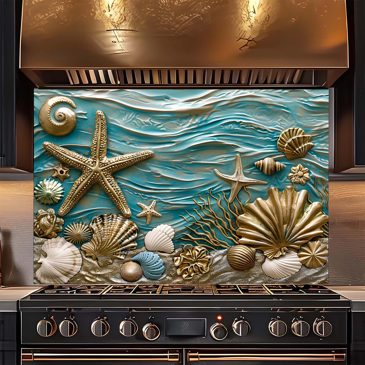 Stainless steel range hood with decorative seashell and starfish design on a blue background.