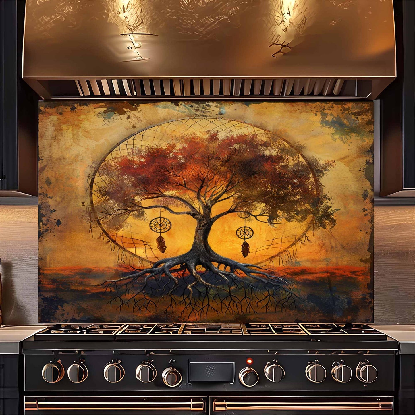 Stainless steel range hood with a decorative tree of life design on the glass backsplash.