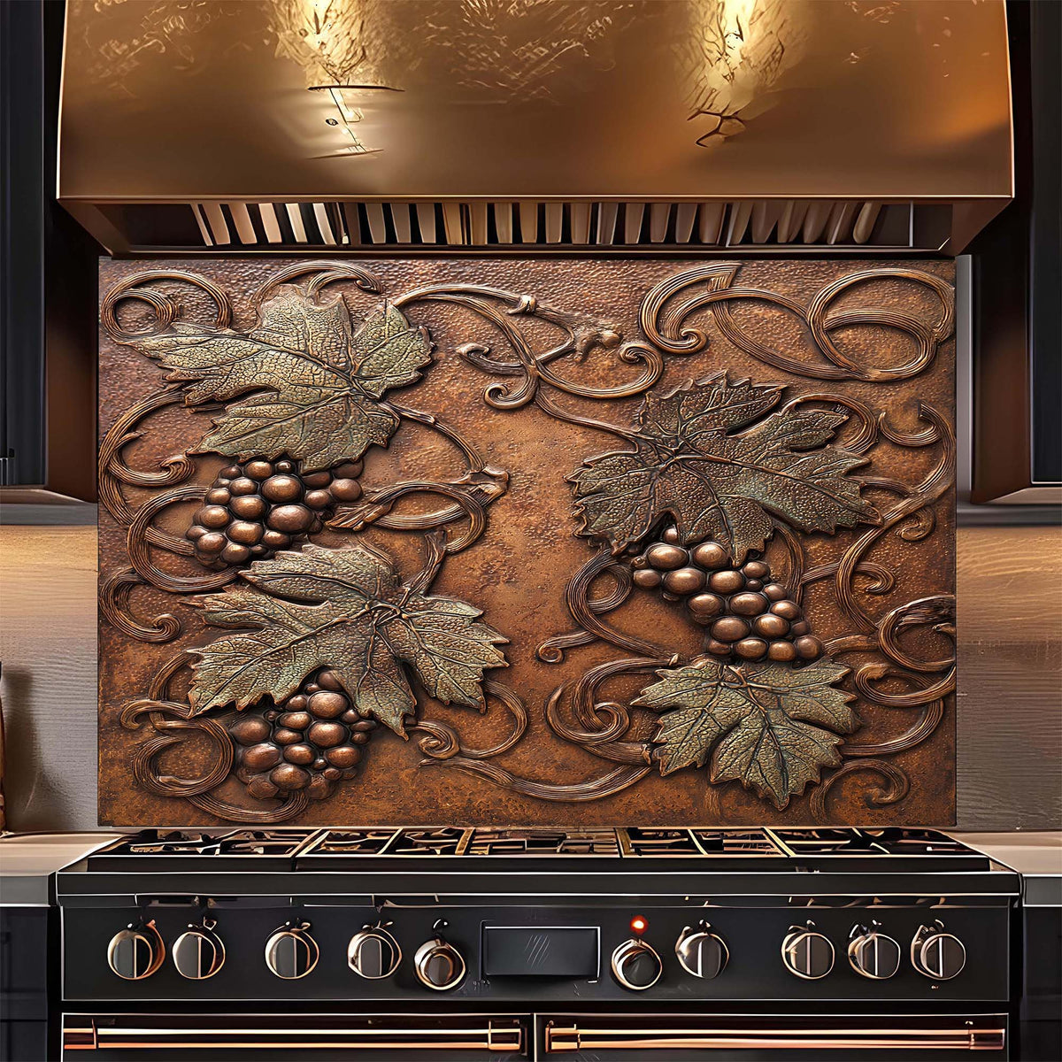 Decorative copper look glass backsplash with leaf and grape design above a stove.