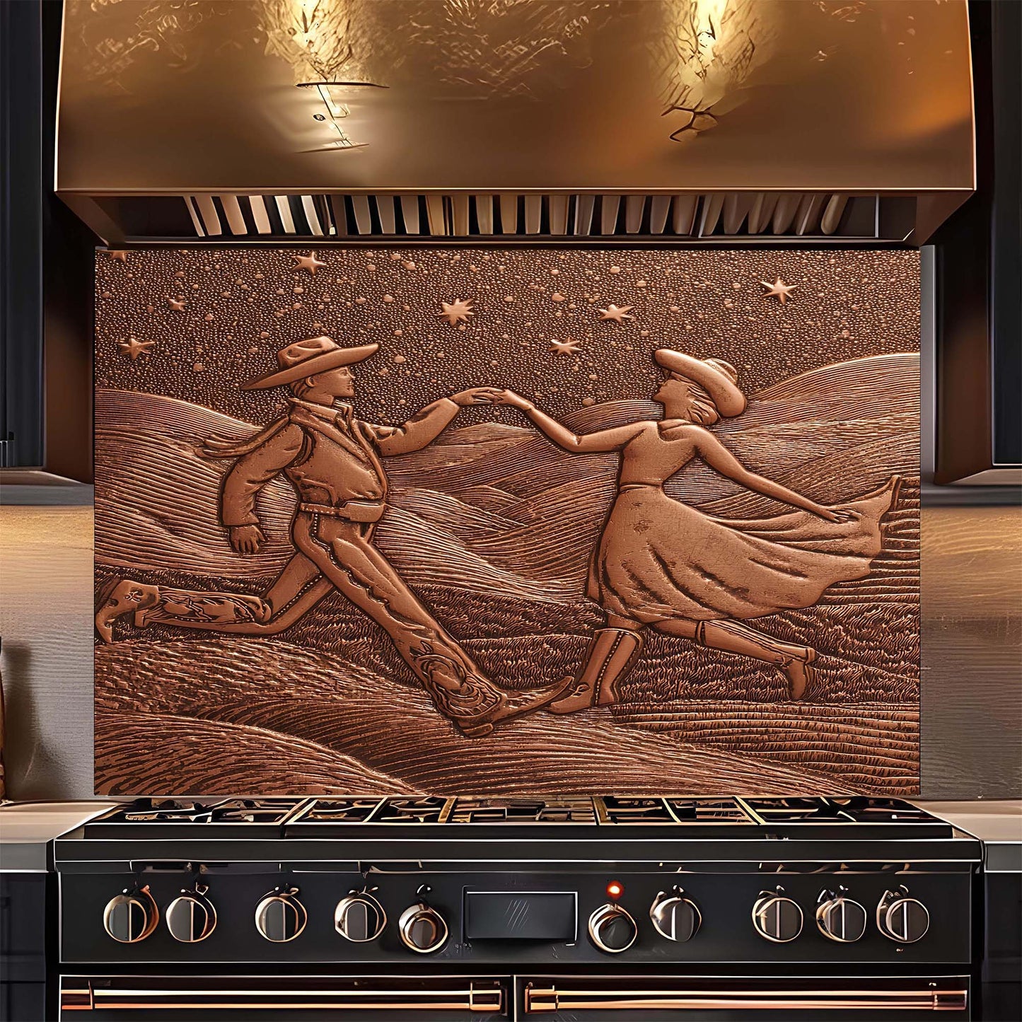 Decorative copper look glass backsplash above a stove with a couple dancing in a field.