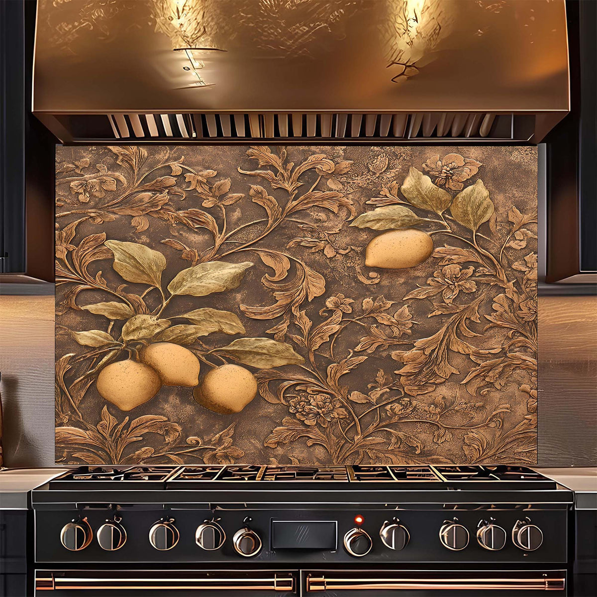 Decorative backsplash with floral and fruit design above a stove.