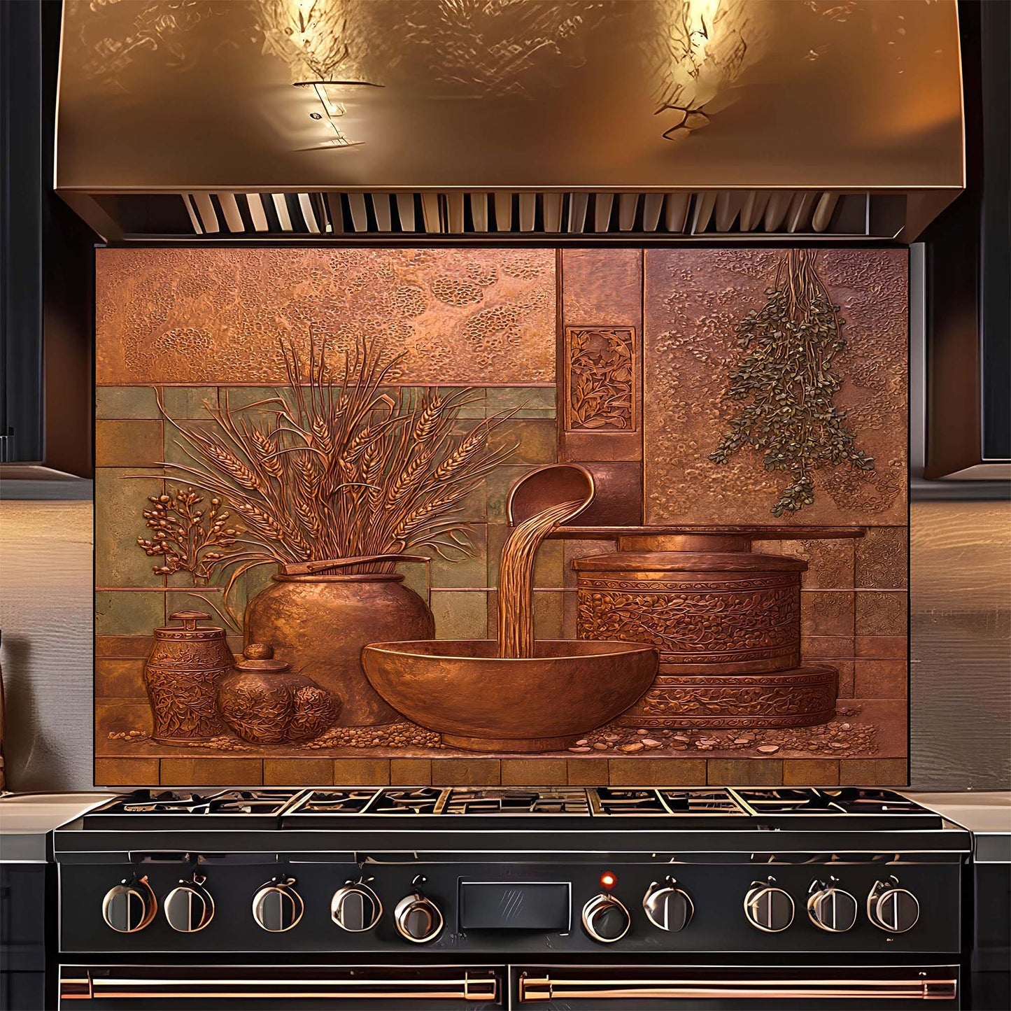 Decorative copper look glass backsplash with artistic design above a stove.