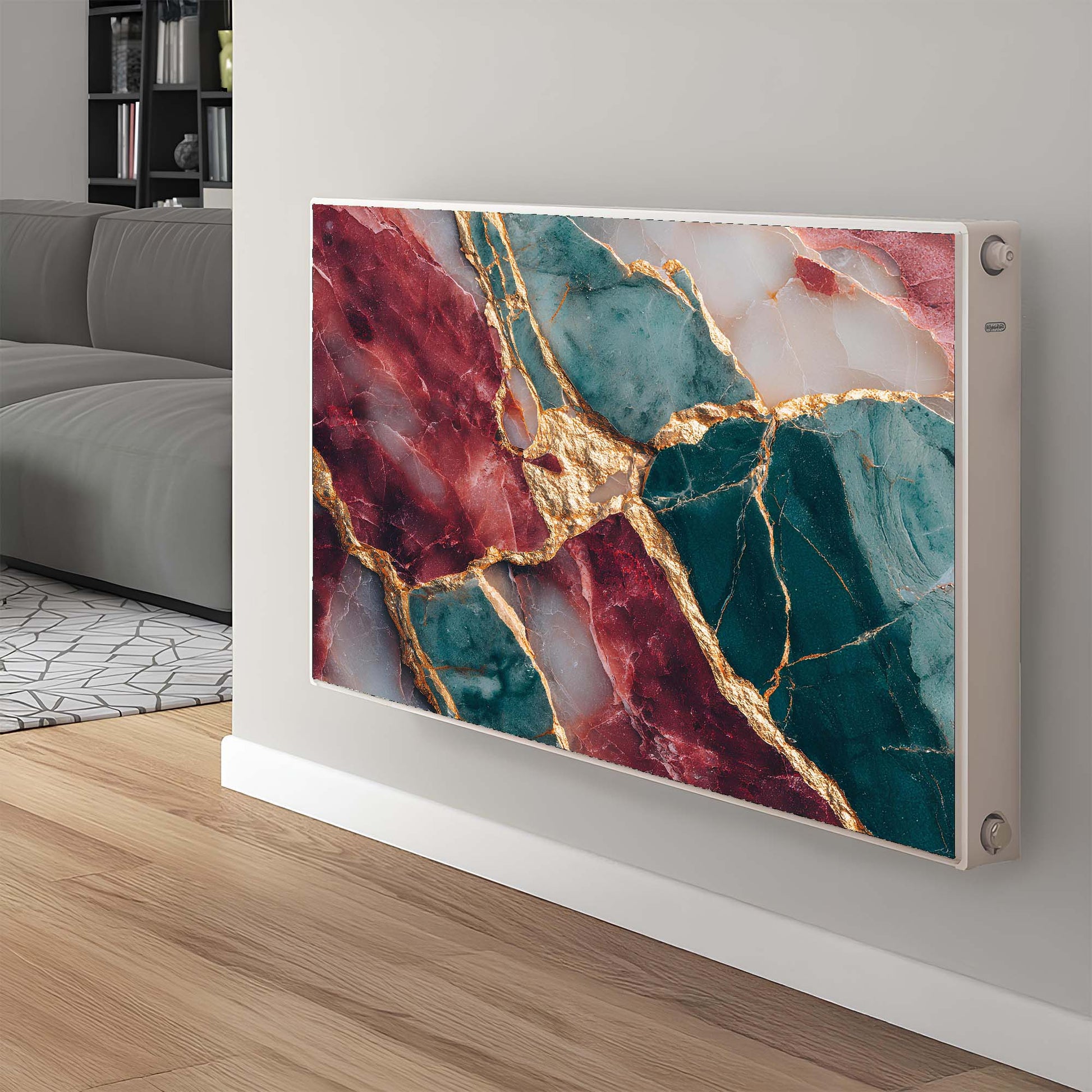 Marble-patterned magnetic radiator cover on a wall in a living room setting