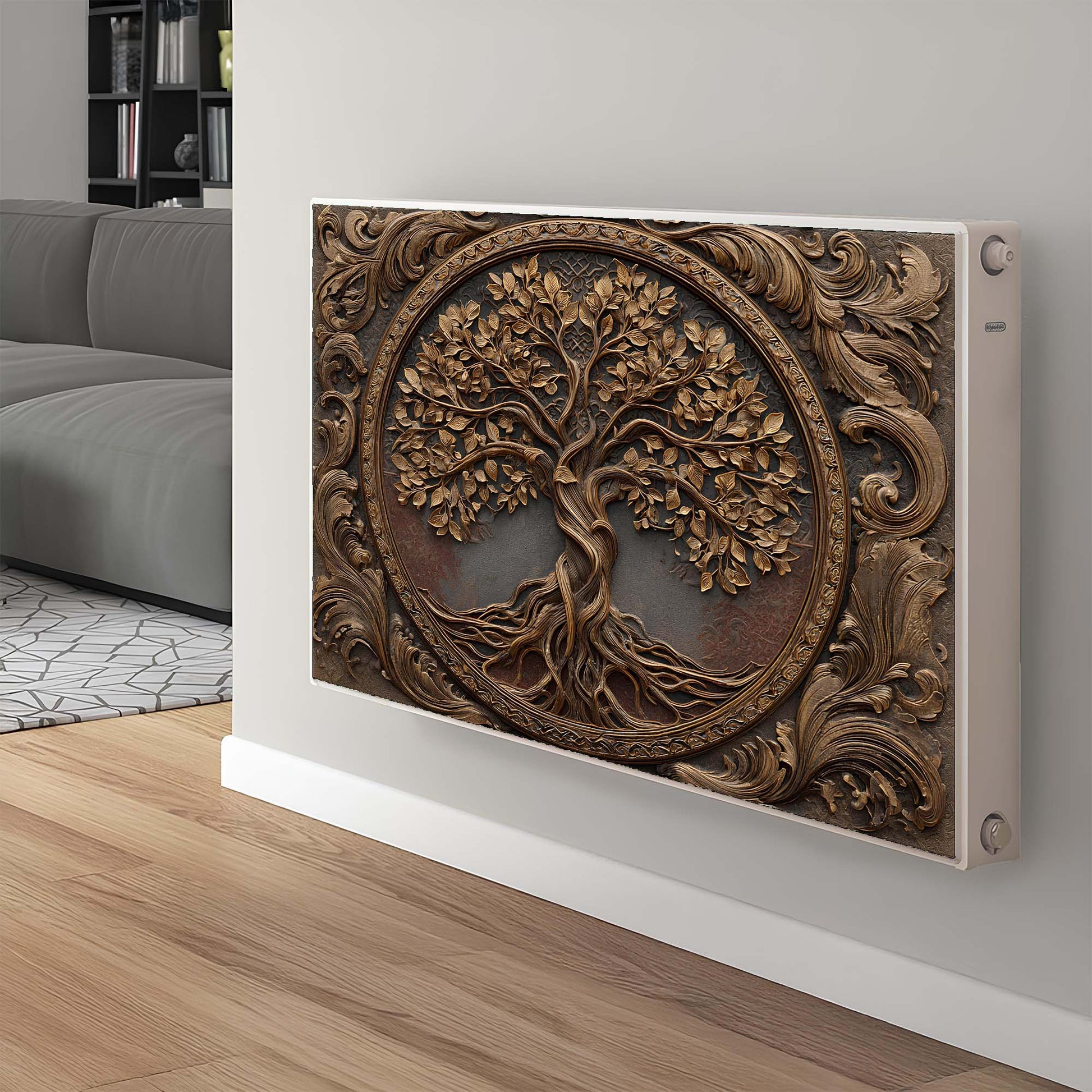 Decorative magnetic radiator cover with tree design on a white wall in a living room.