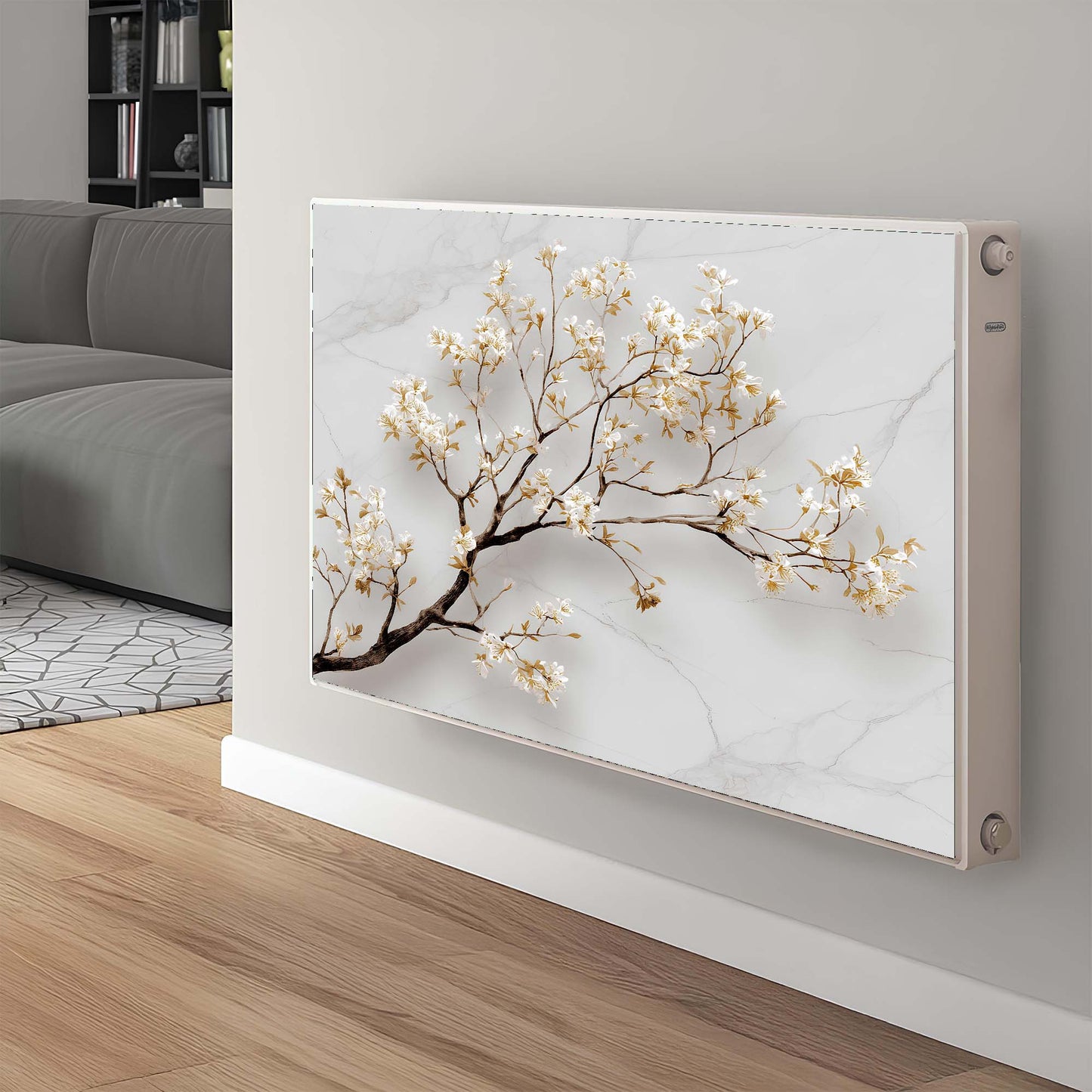 Modern magnetic radiator cover with decorative design in a living room setting