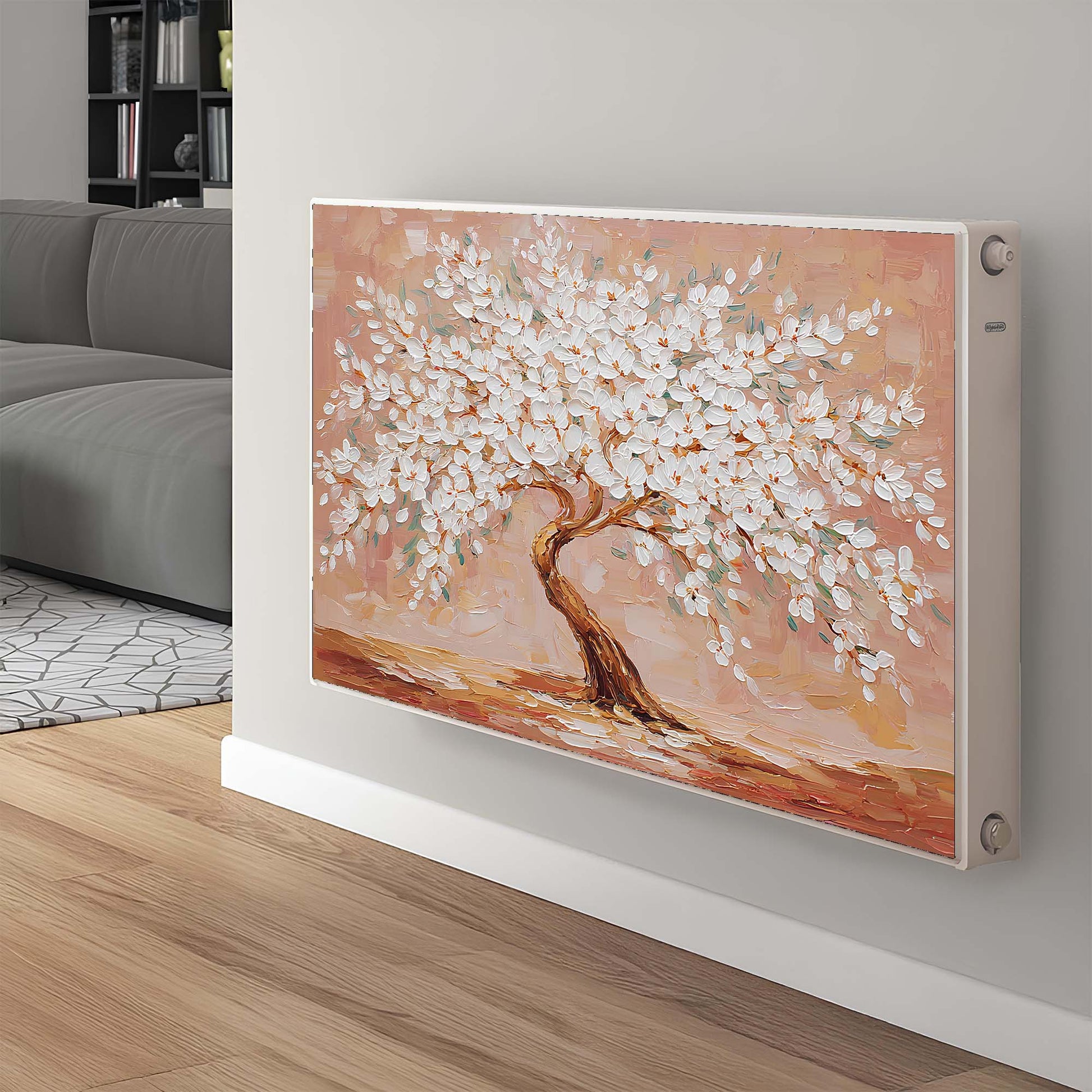 Decorative magnetic radiator cover with a tree design in a living room setting