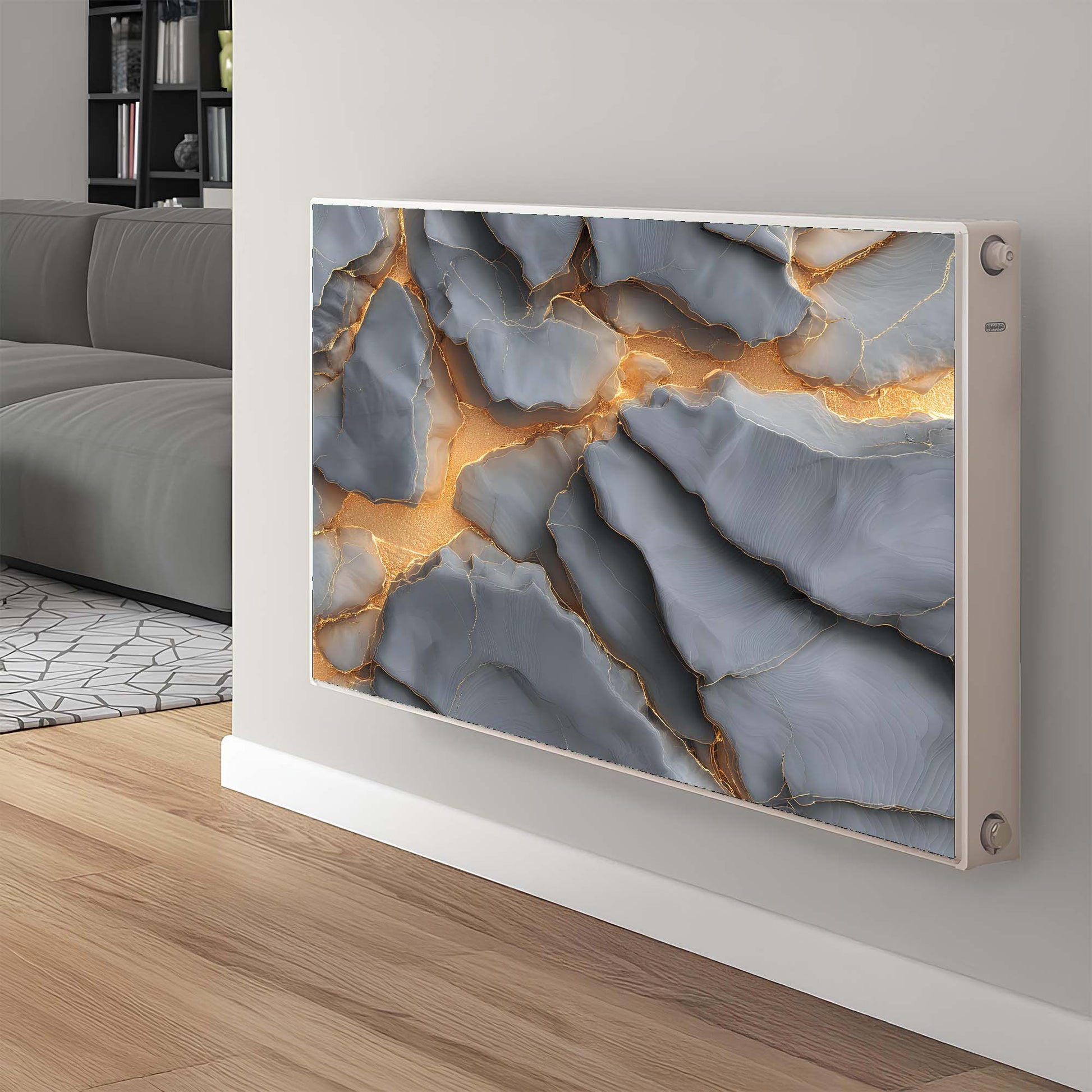 Modern magnetic radiator cover with abstract design on a wall in a living room setting