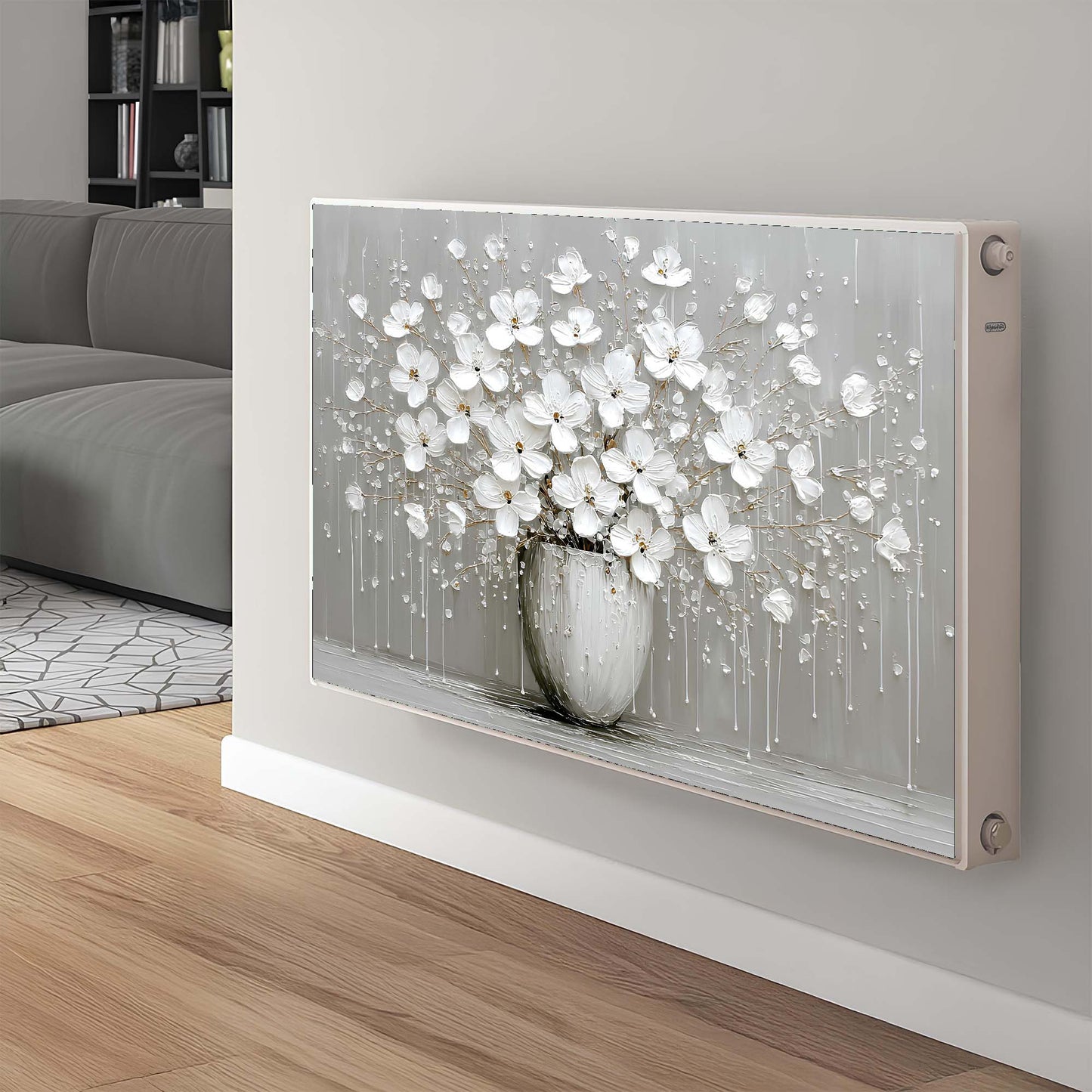 Decorative magnetic radiator cover with floral design in a living room setting