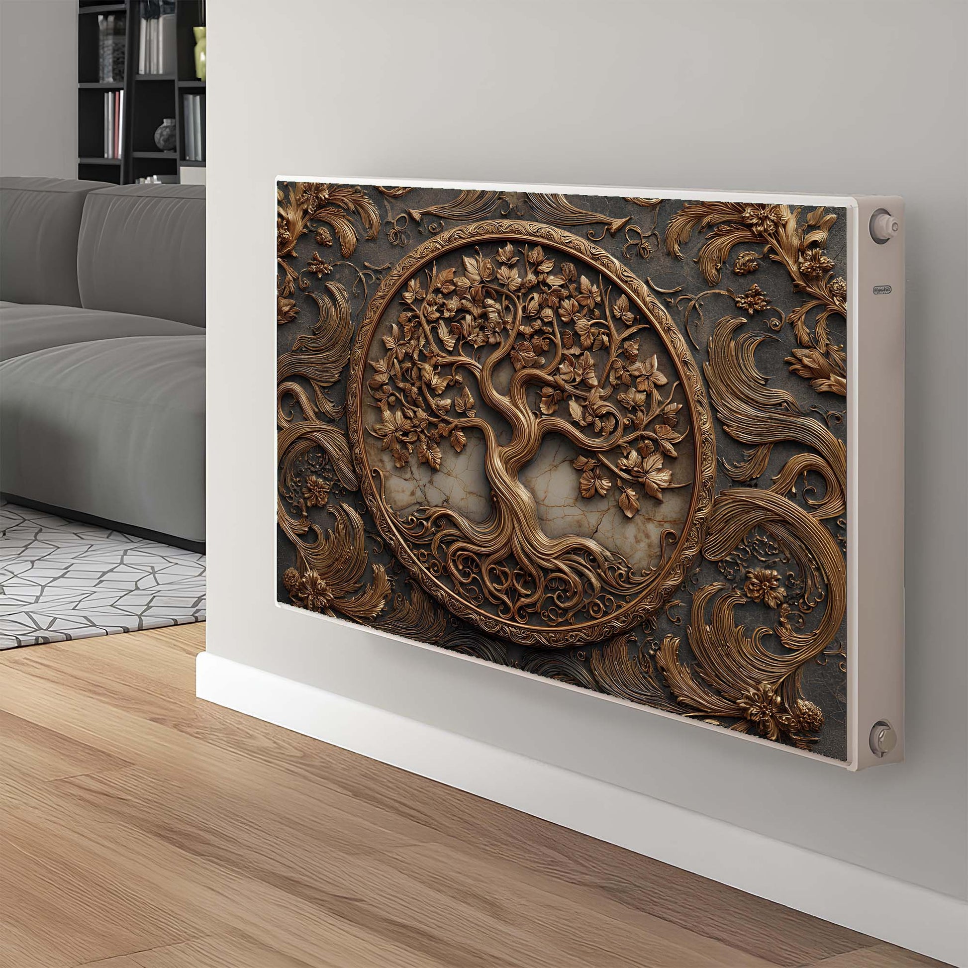 Decorative magnetic radiator cover with tree design in a modern living room.