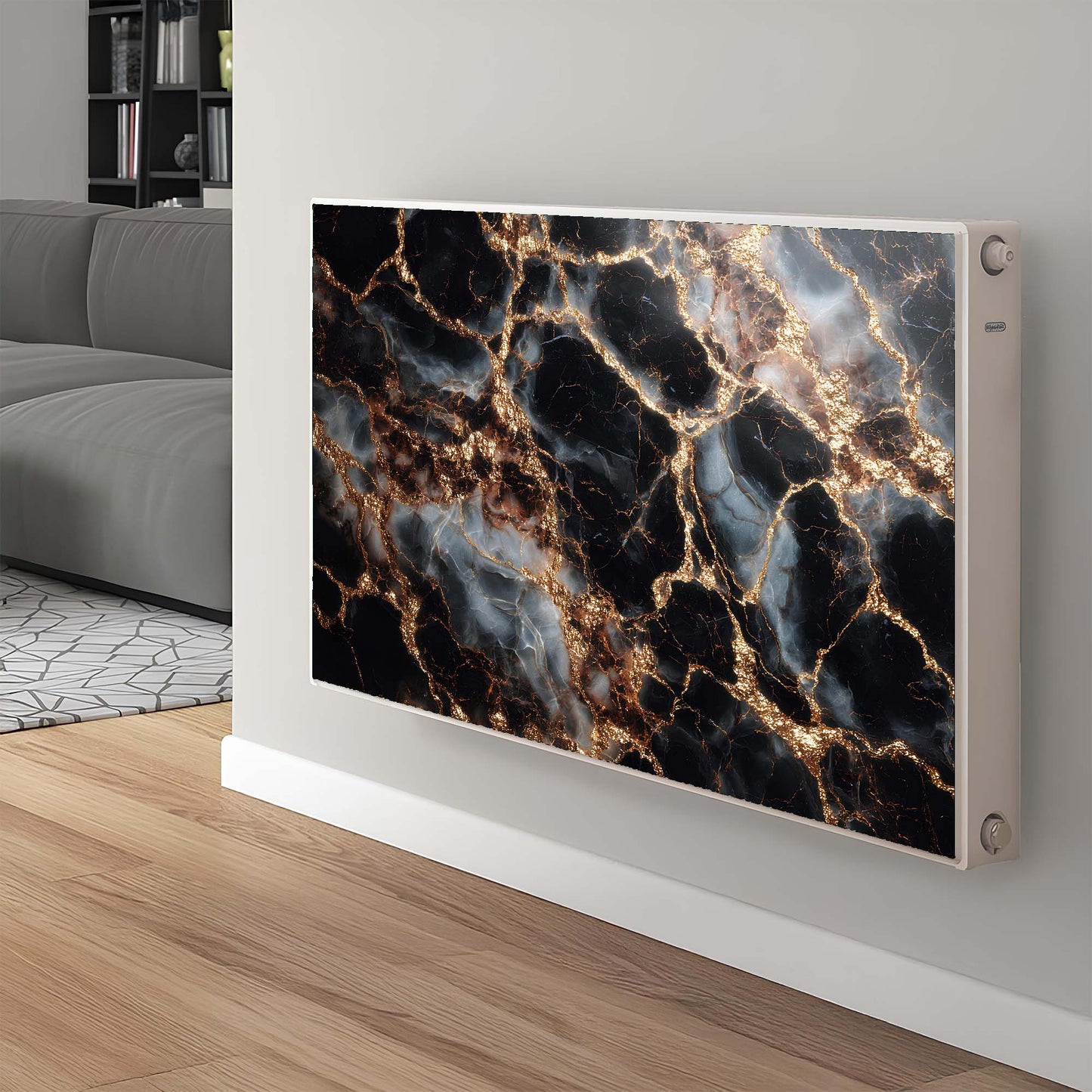 Modern magnetic radiator cover with marble design on a wall in a living room setting