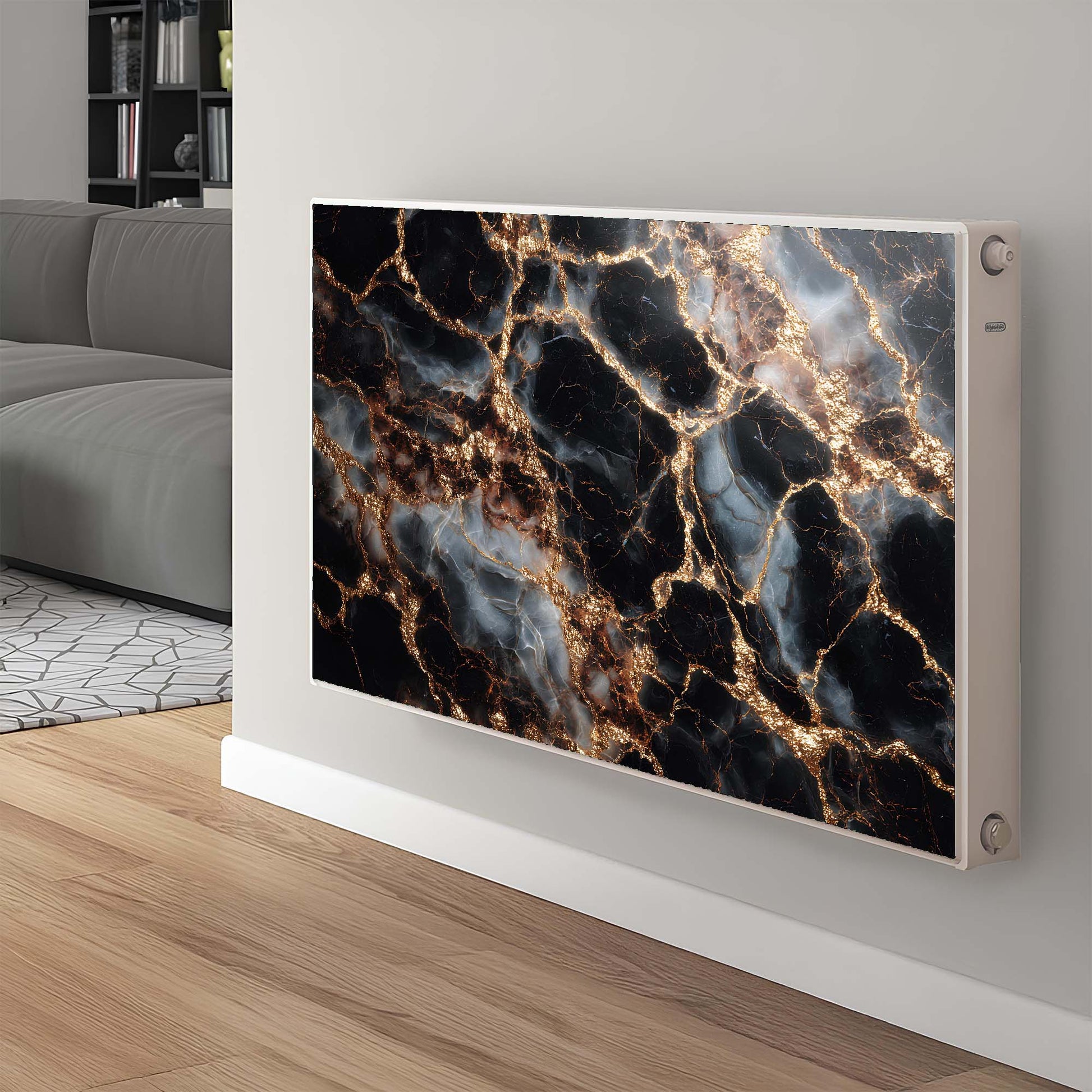 Modern magnetic radiator cover with marble design on a wall in a living room setting