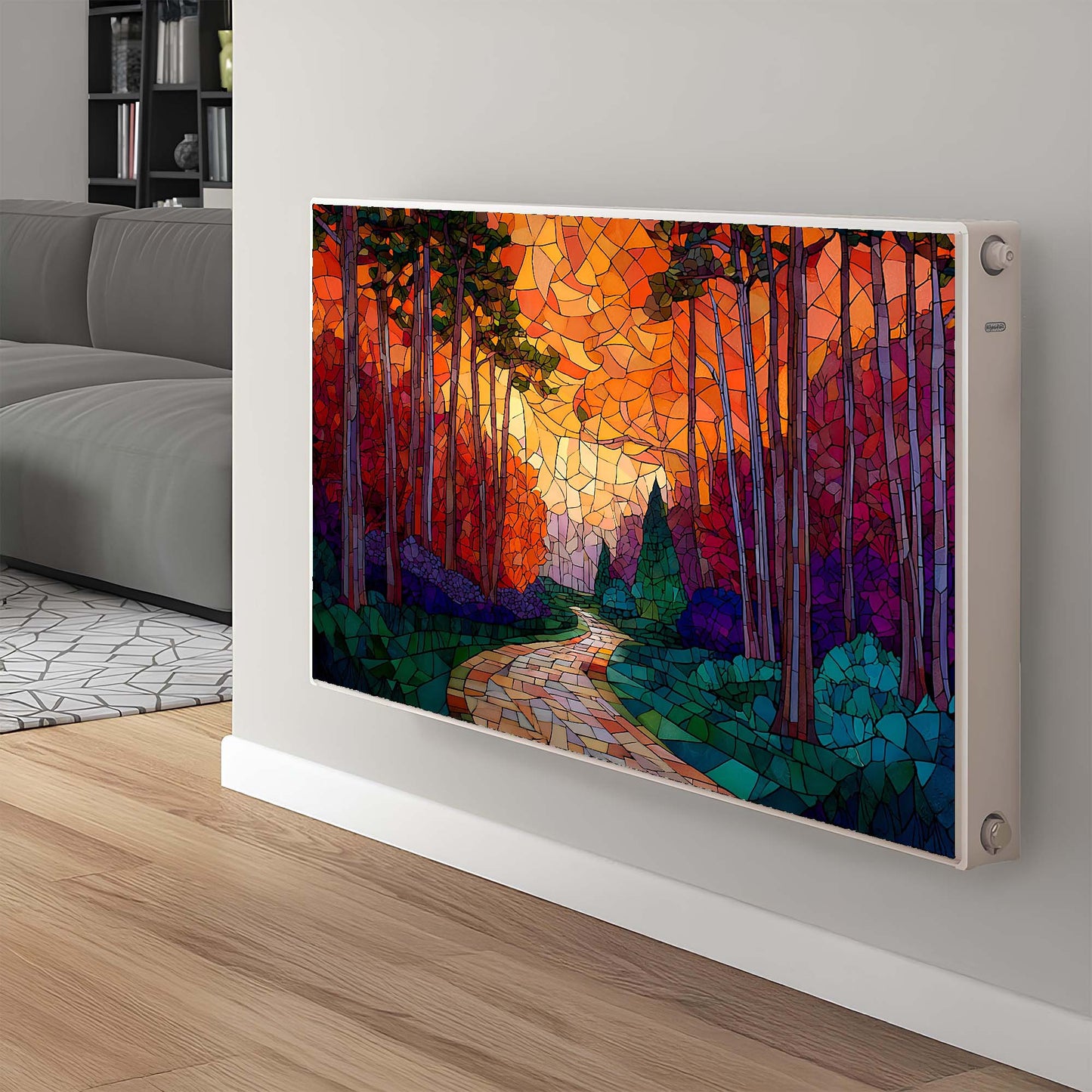 Magnetic radiator cover with a decorative forest design in a modern living room.