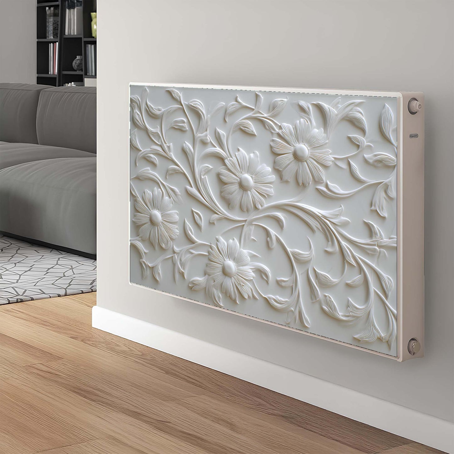 Decorative magnetic radiator cover with floral design in a living room setting