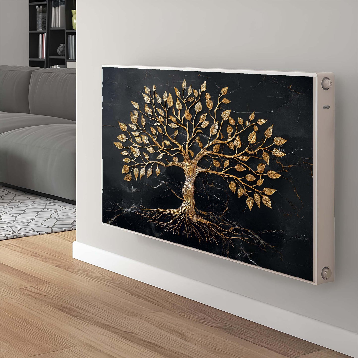 Decorative magnetic radiator cover with a gold tree design on a black background in a living room setting.