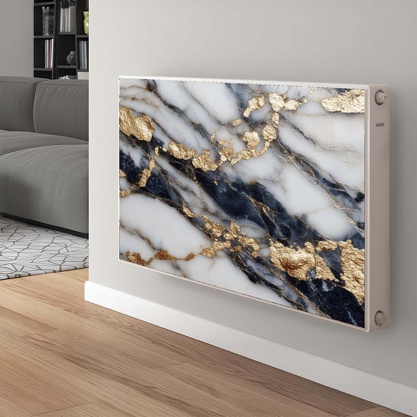 Decorative magnetic radiator cover with marble and gold design in a room with a sofa and rug.