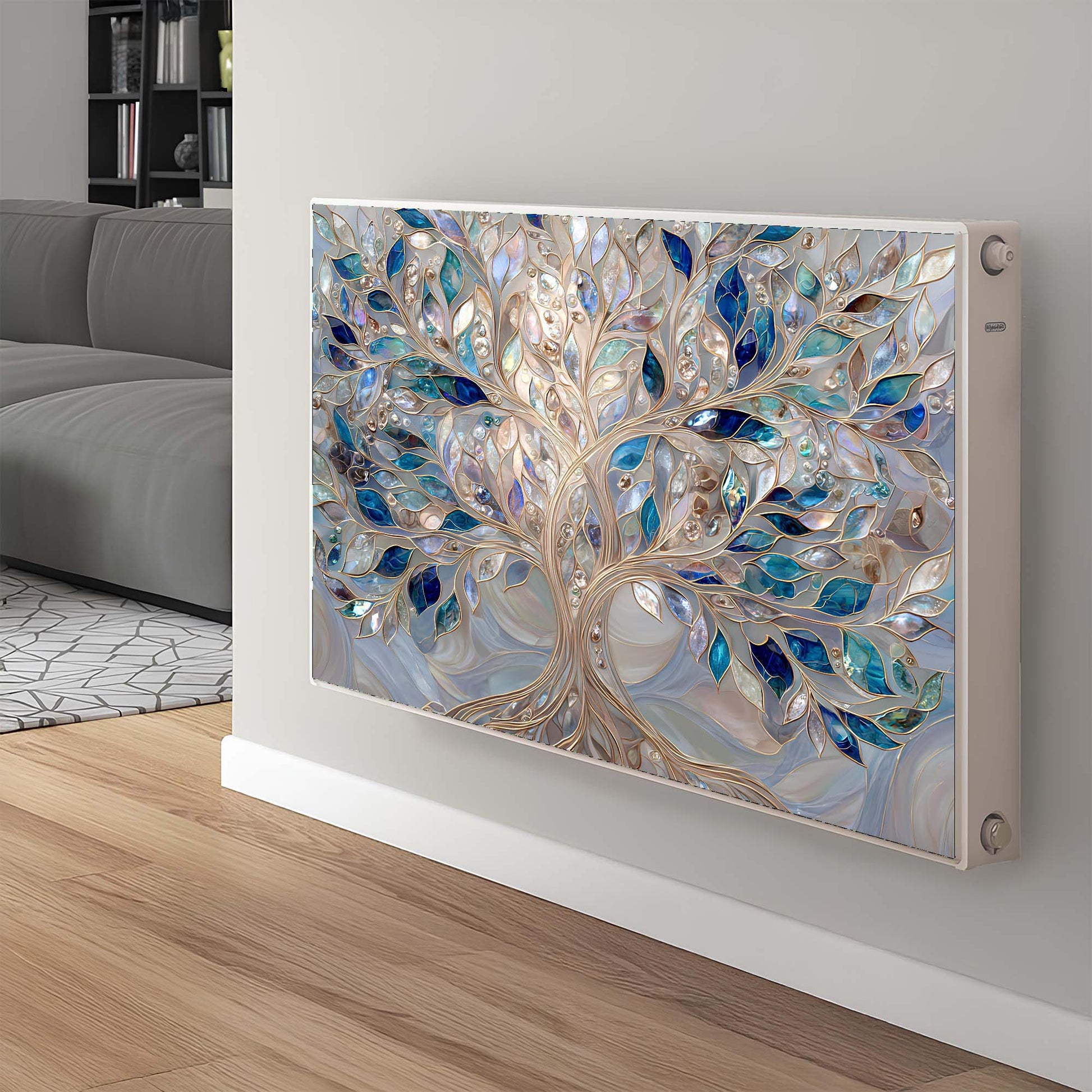 Decorative magnetic radiator cover with tree design on a white wall in a living room.