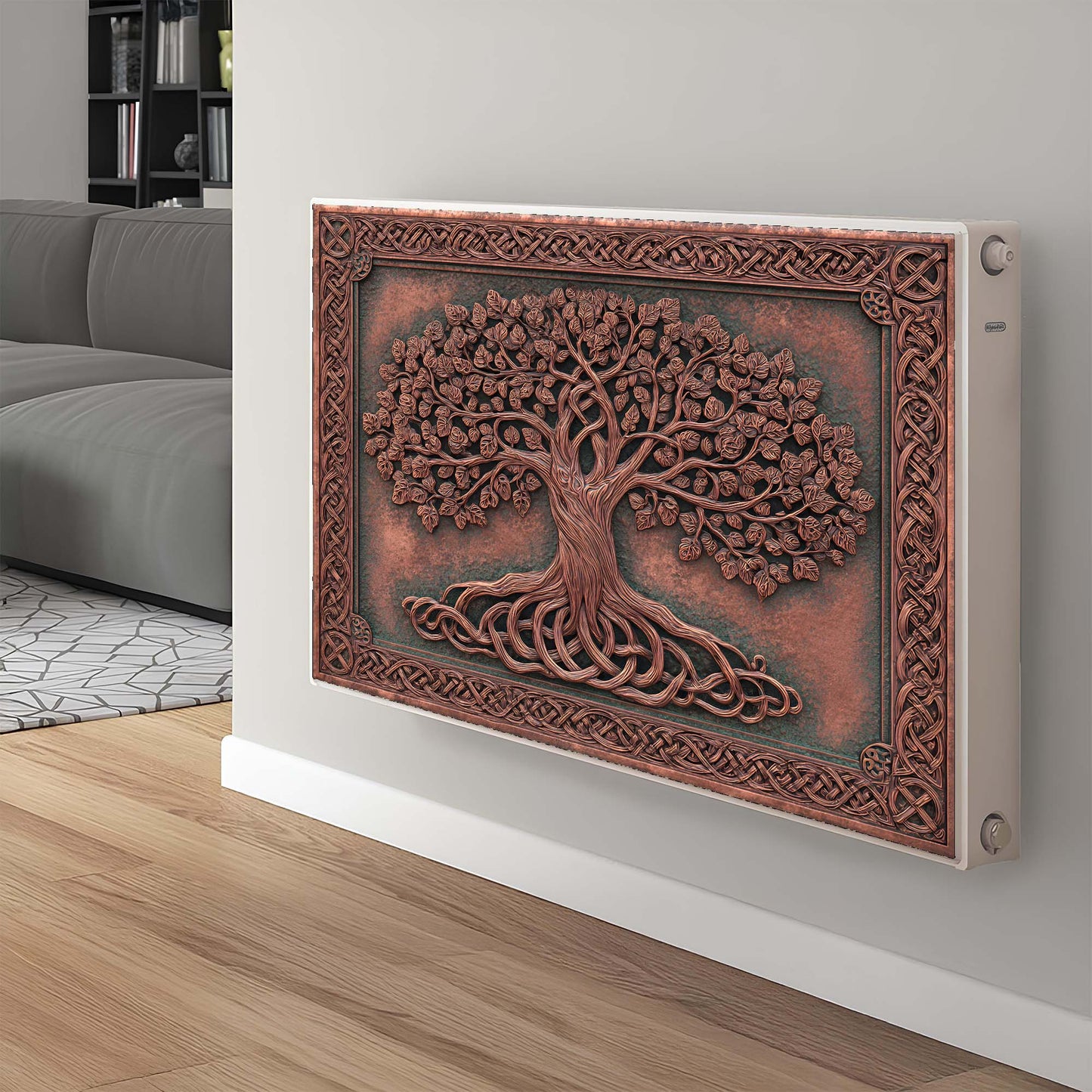 Decorative magnetic radiator cover with tree design in a living room setting