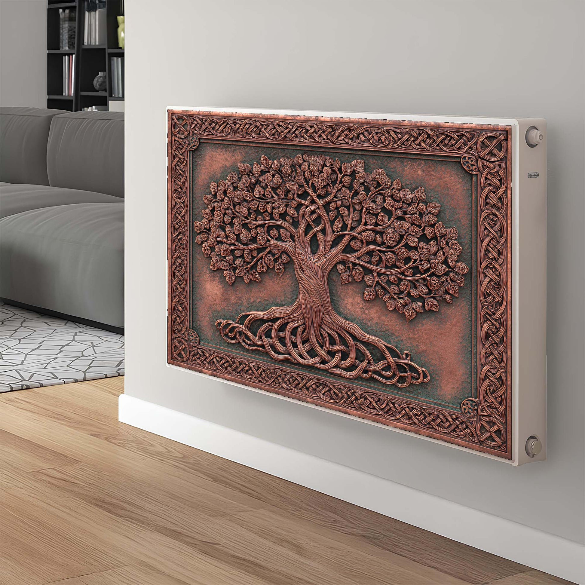 Decorative magnetic radiator cover with tree design in a living room setting