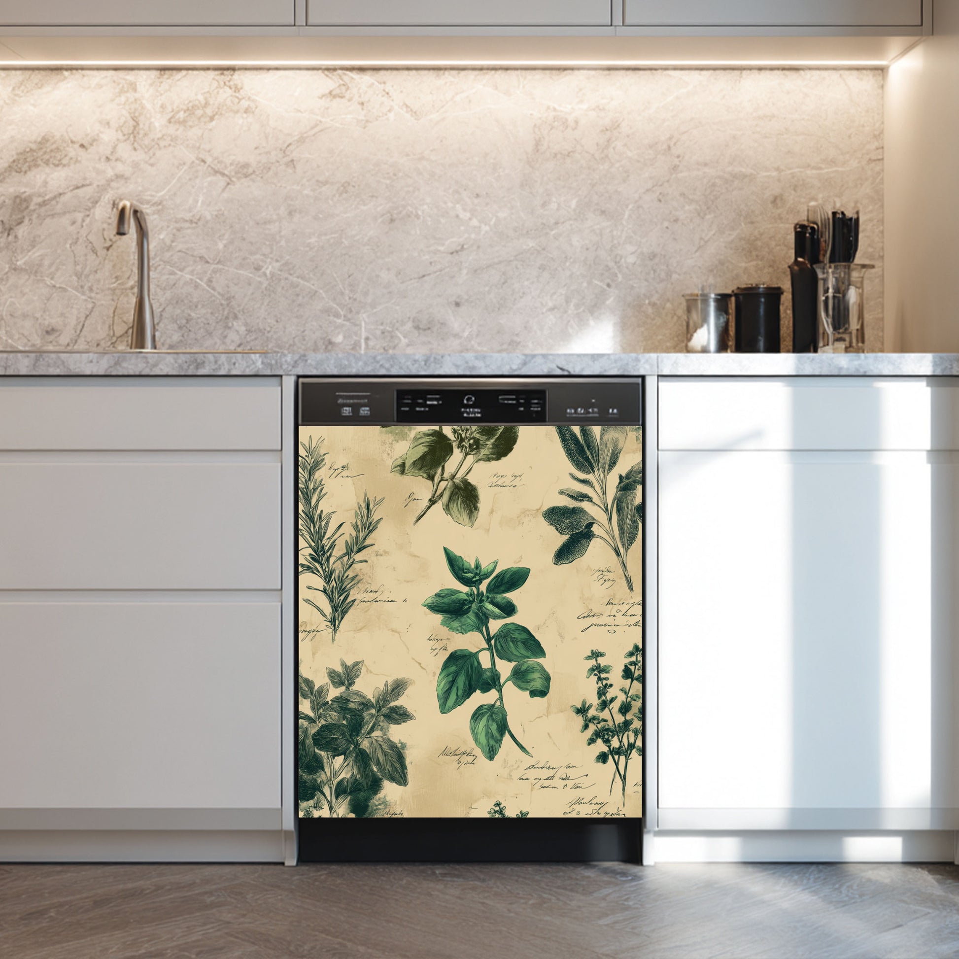 Dishwasher with botanical design in a modern kitchen
