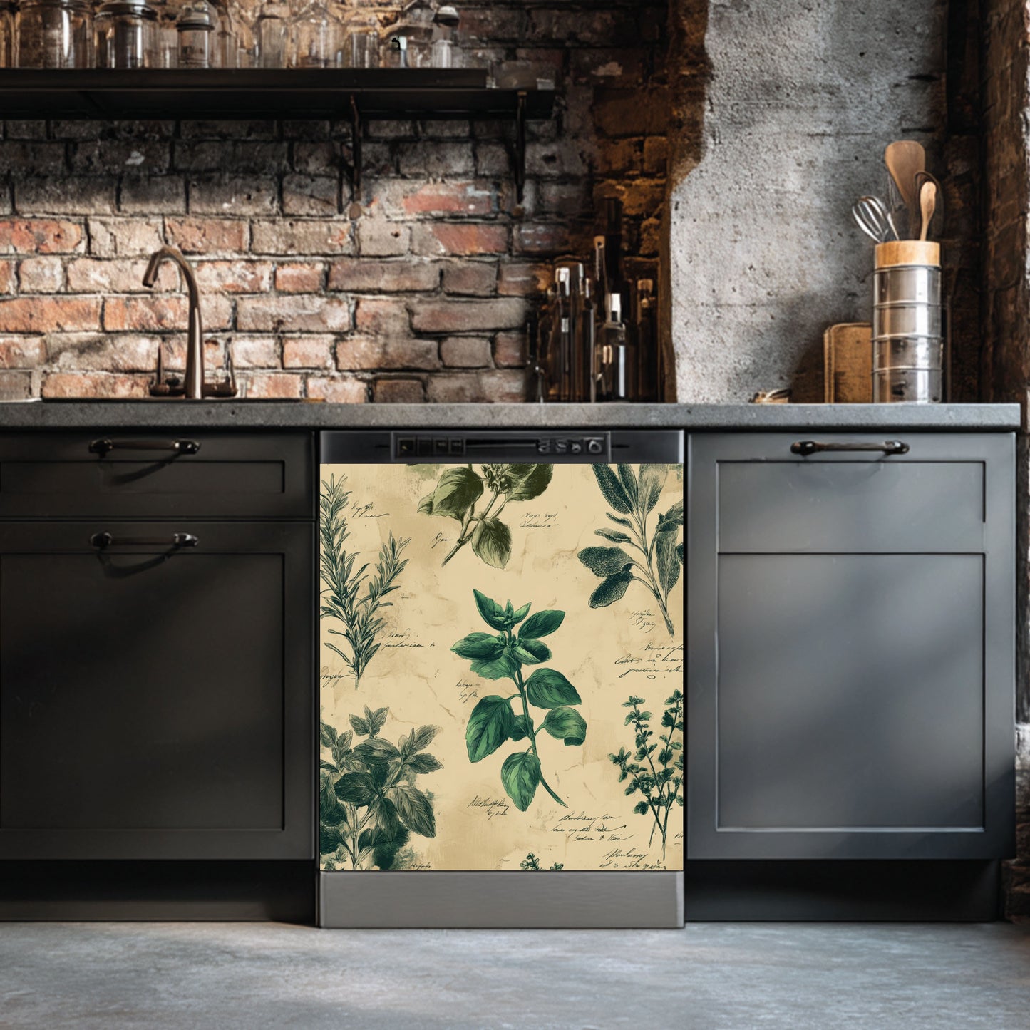 Kitchen with black cabinets and a decorative herb-themed panel on a gray appliance.