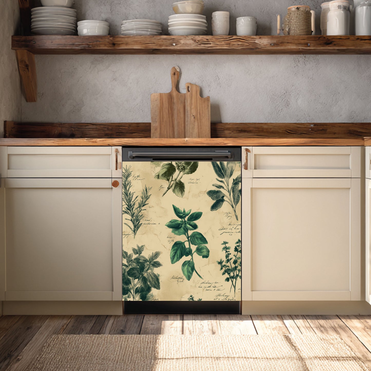 Dishwasher with a decorative cover featuring green leaf patterns in a kitchen setting.