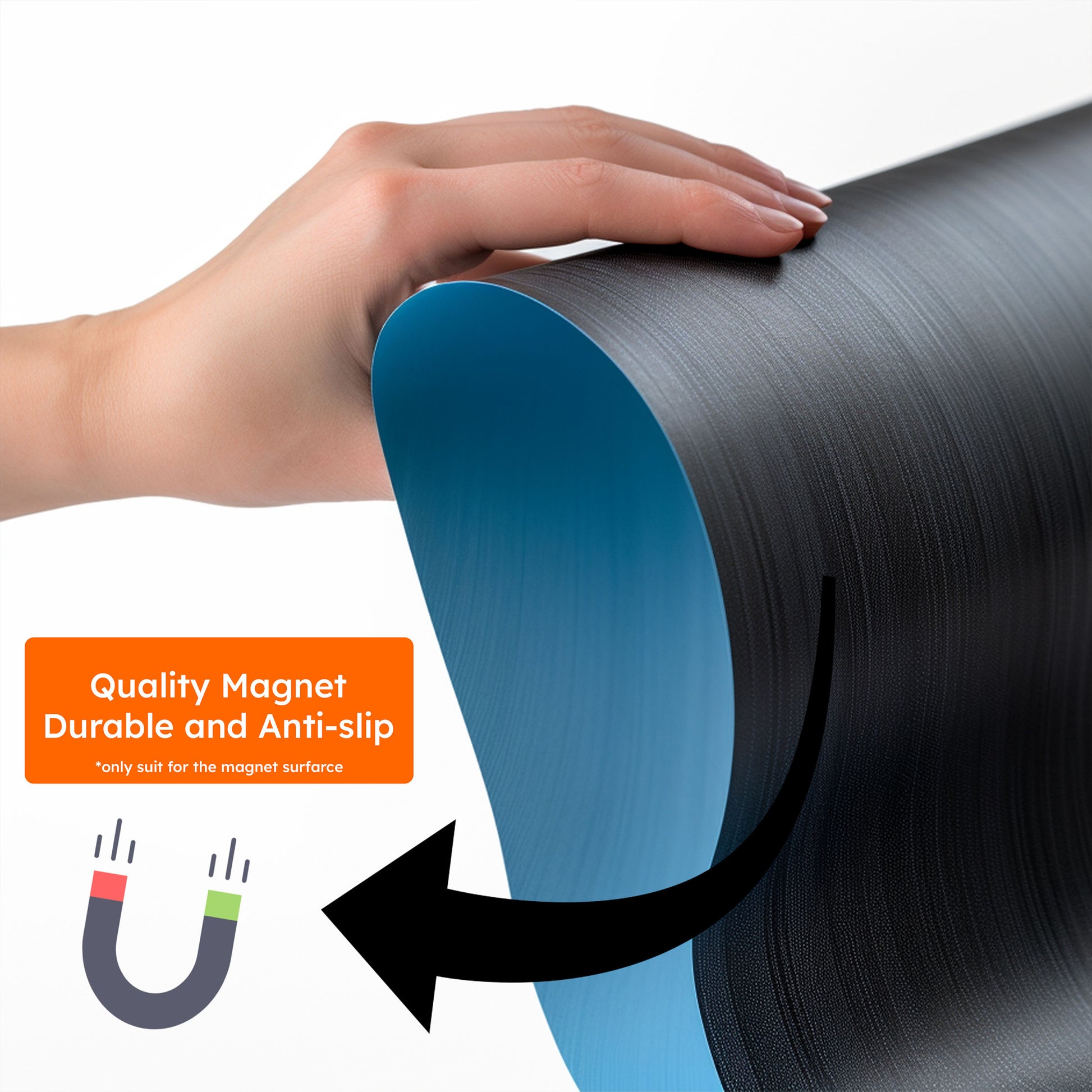 Hand holding a roll of magnetic material with text highlighting its qualities.