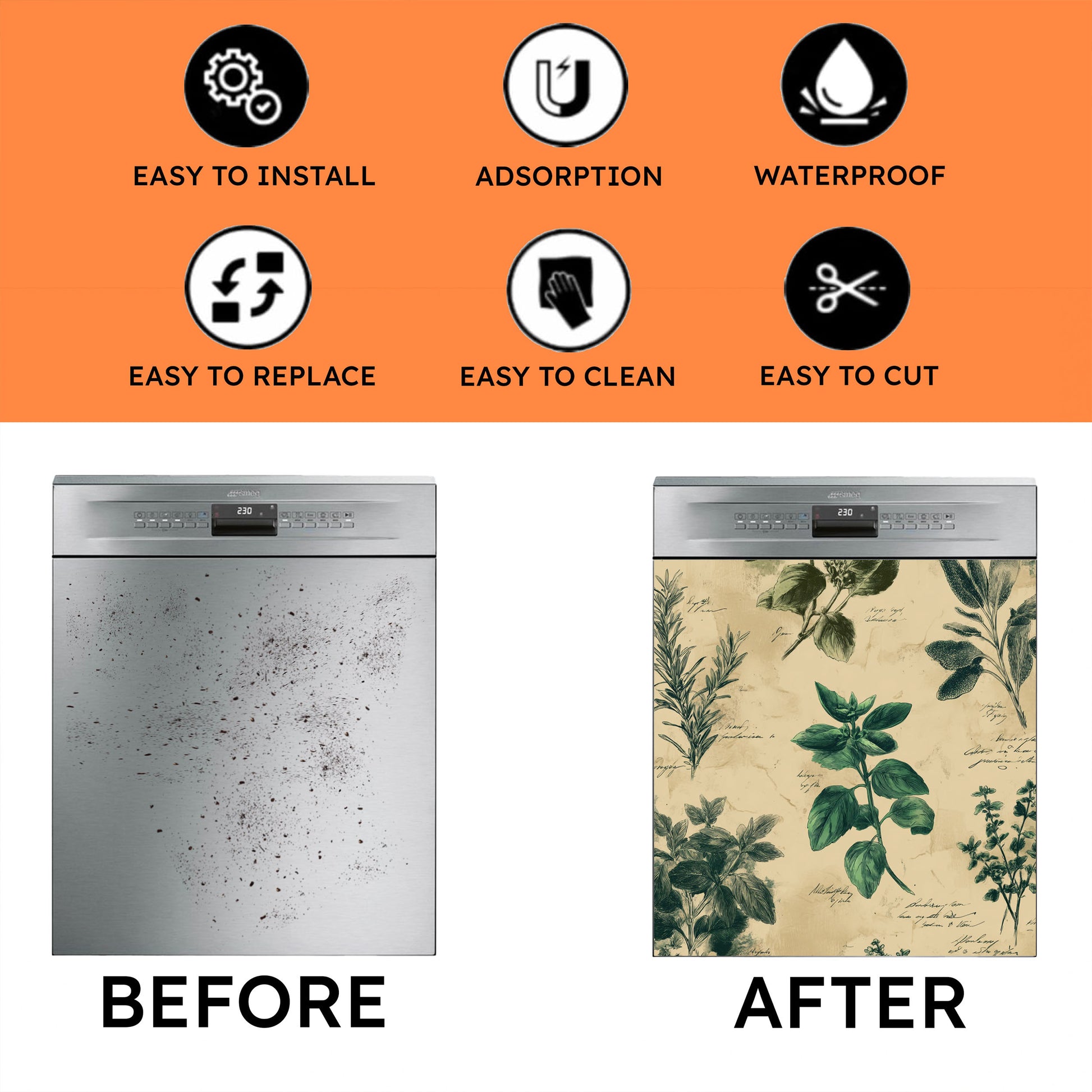 Before and after comparison of a dishwasher with cleaning solution application.
