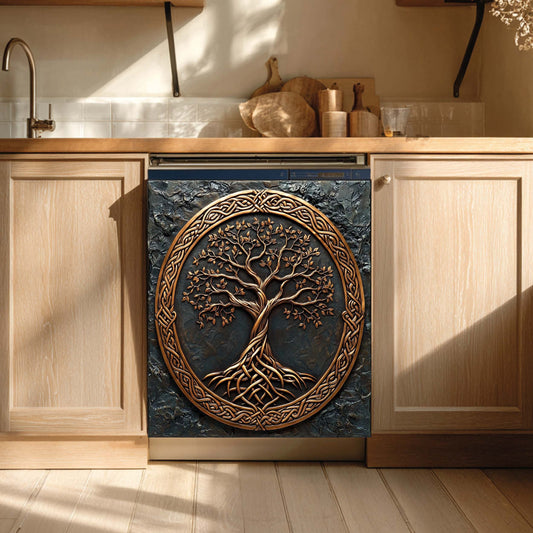 Decorative dishwasher cover with tree of life design in a kitchen setting