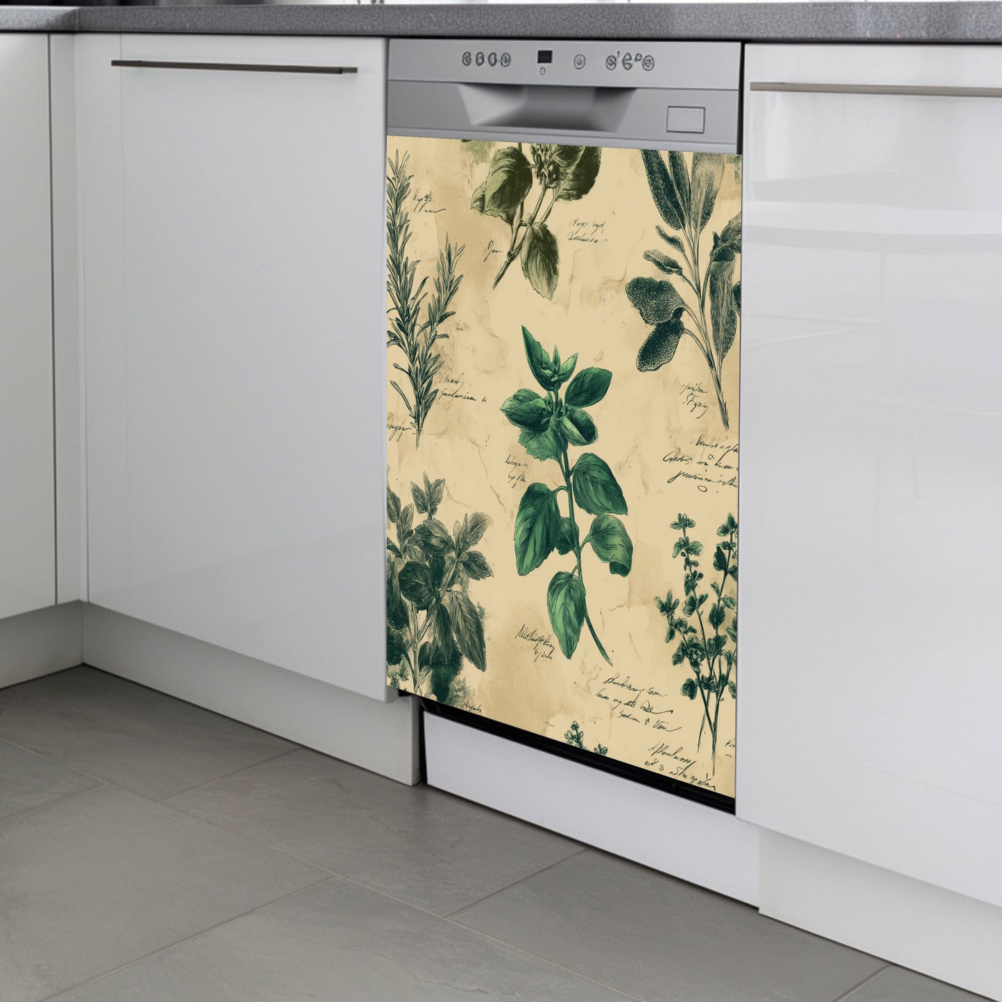 Dishwasher with a decorative cover featuring green leaf patterns in a kitchen setting.