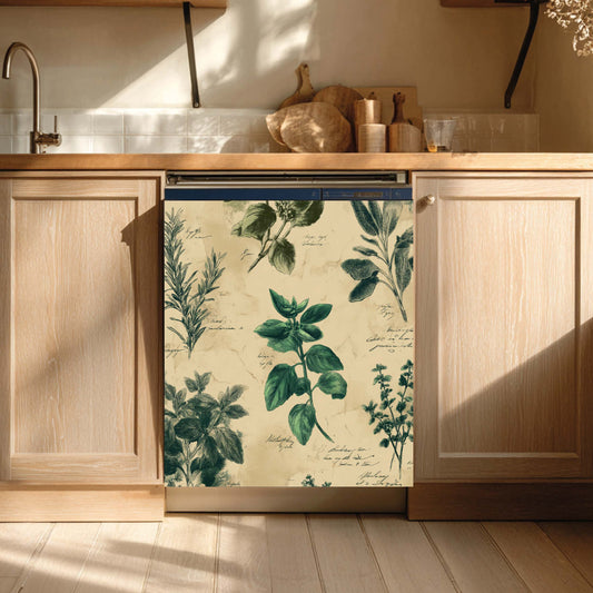 Dishwasher with a decorative cover featuring botanical designs in a kitchen setting.