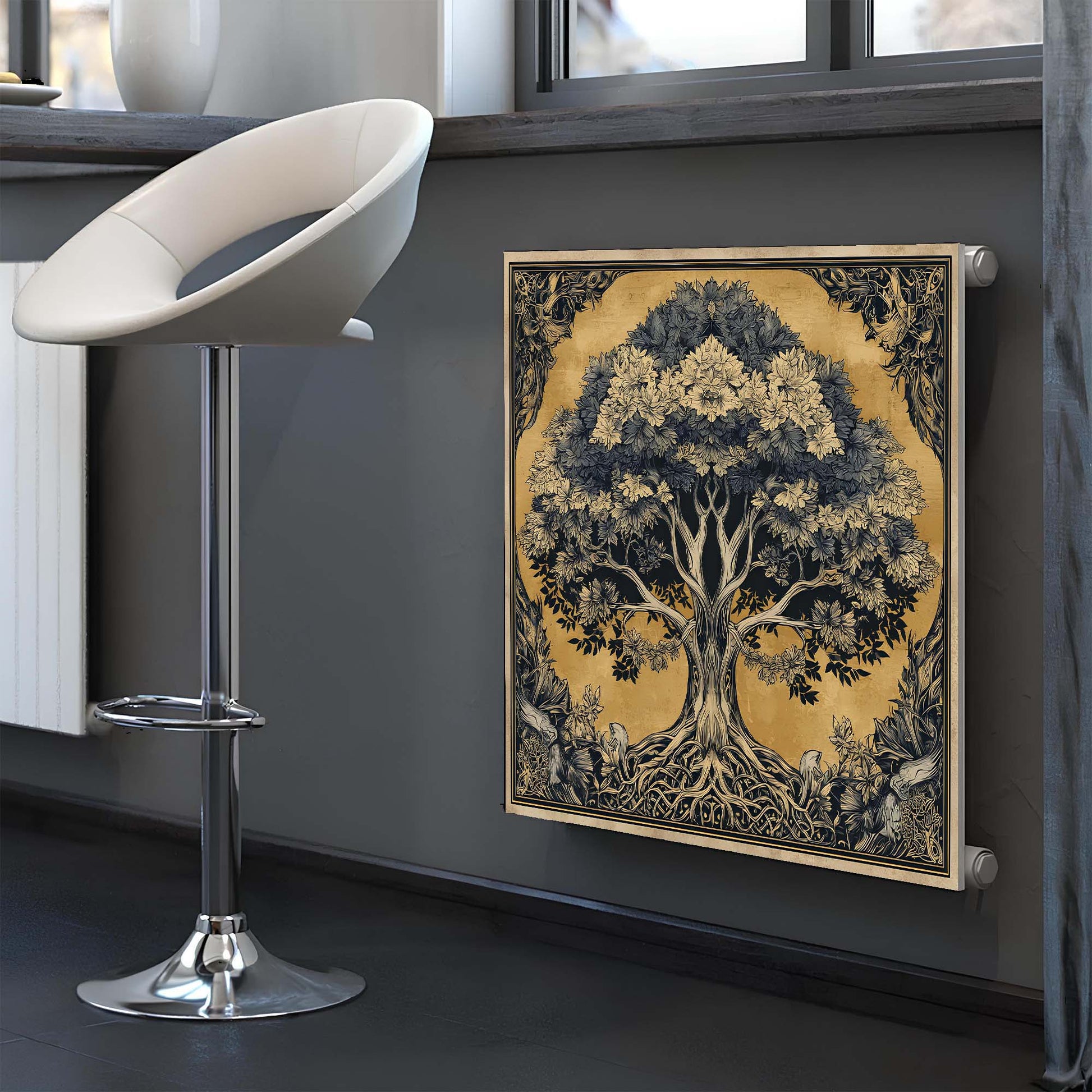 White bar stool next to a wall with a decorative tree radiator heating cover