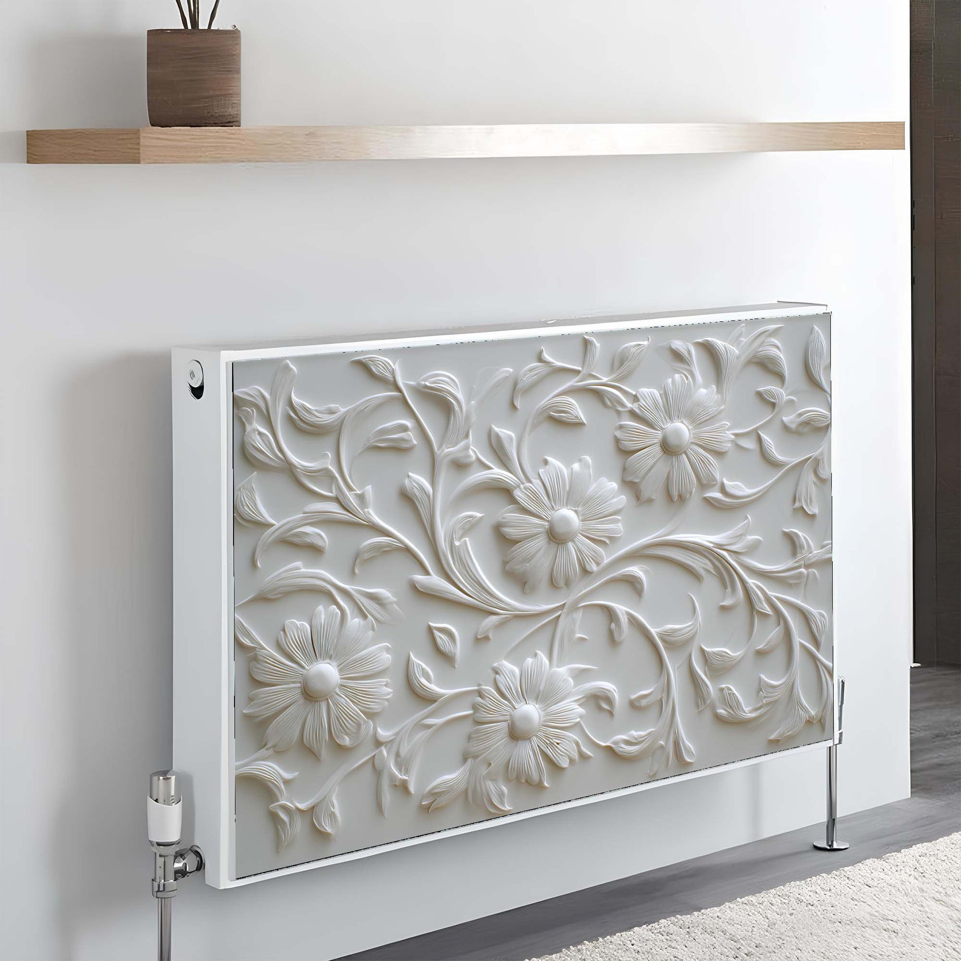 Decorative magnetic radiator cover with floral design on a wall