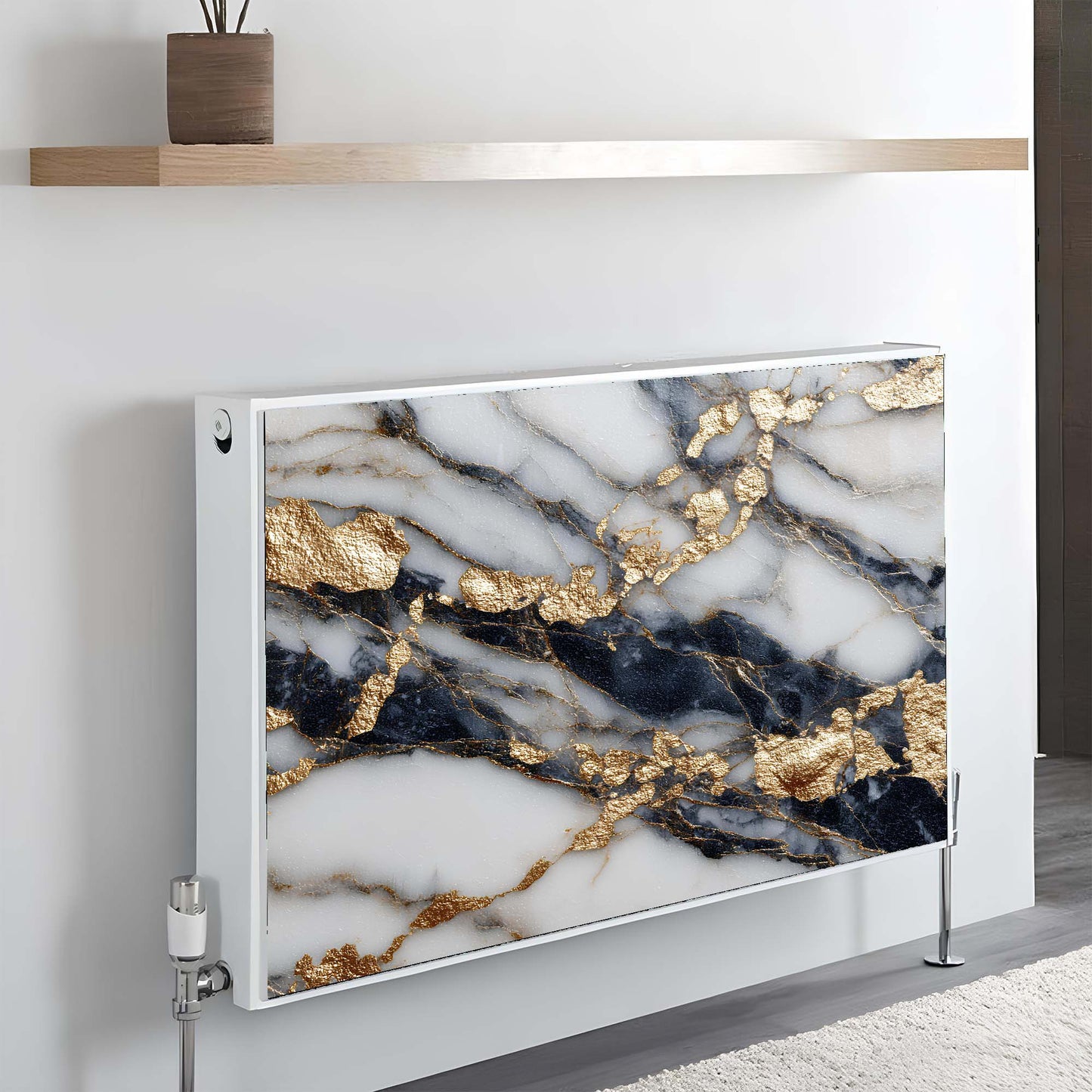 Marble-patterned magnetic radiator cover with gold and black accents on a wall.