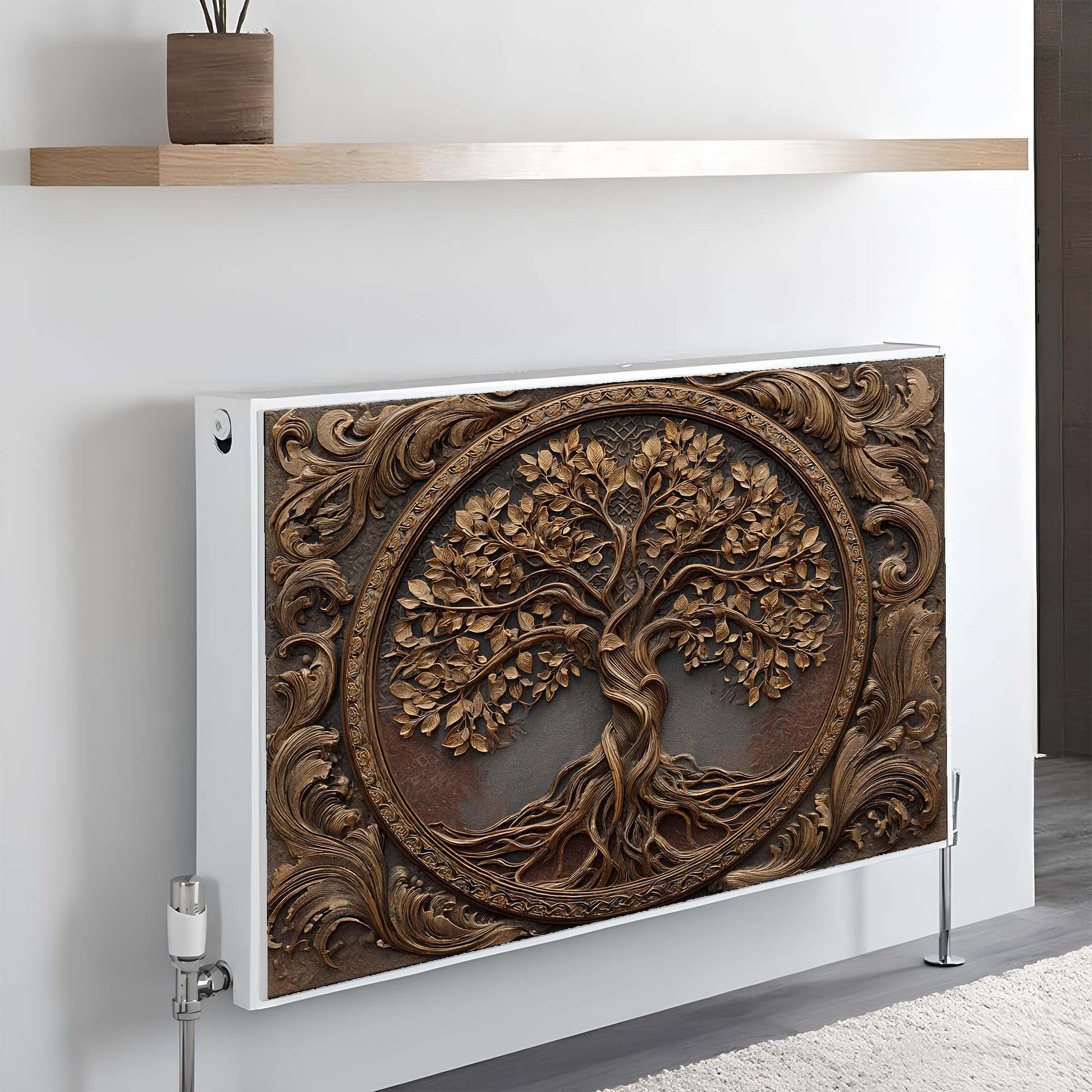 Decorative magnetic radiator cover with tree design on a wall