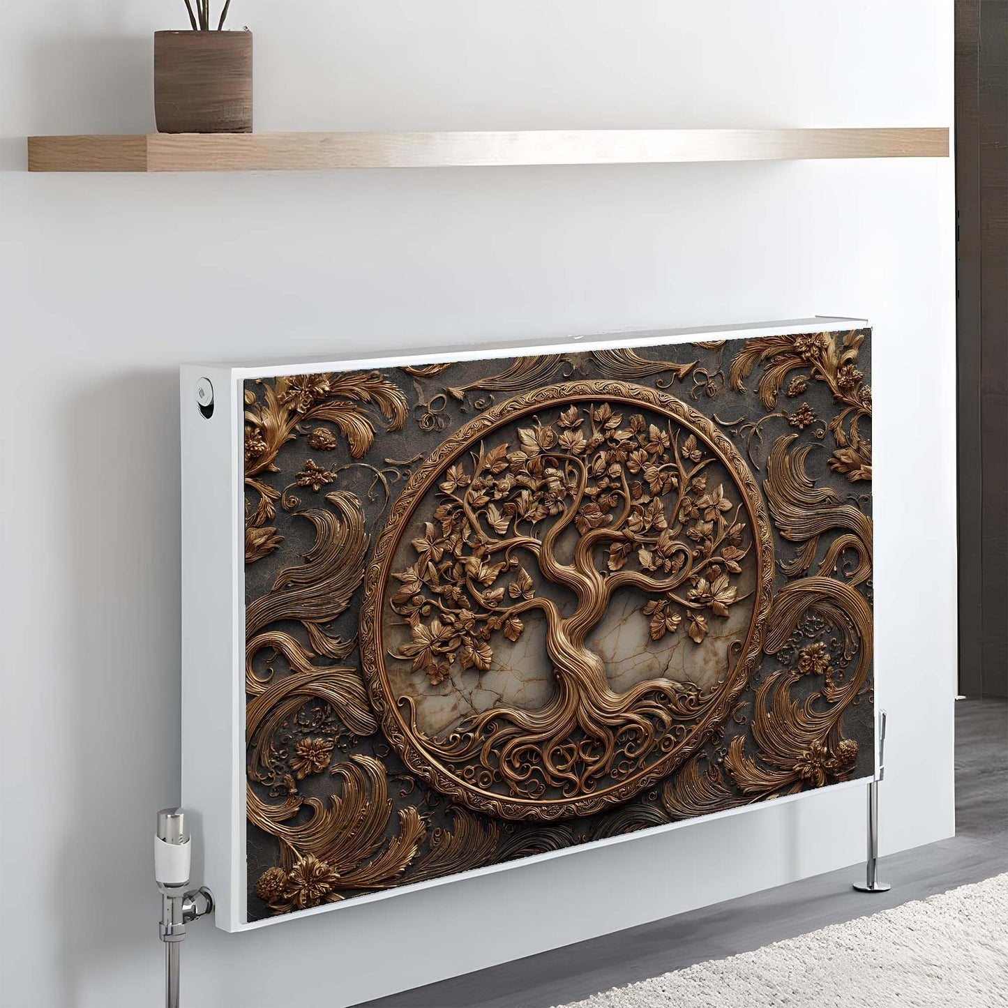 Decorative magnetic radiator cover with tree design on a wall