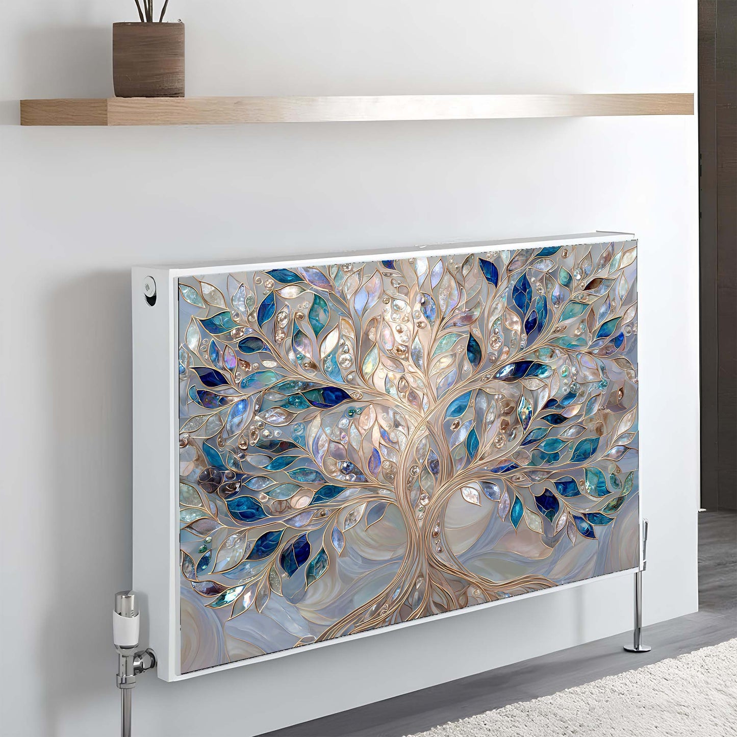 Decorative magnetic radiator cover with tree design on a wall