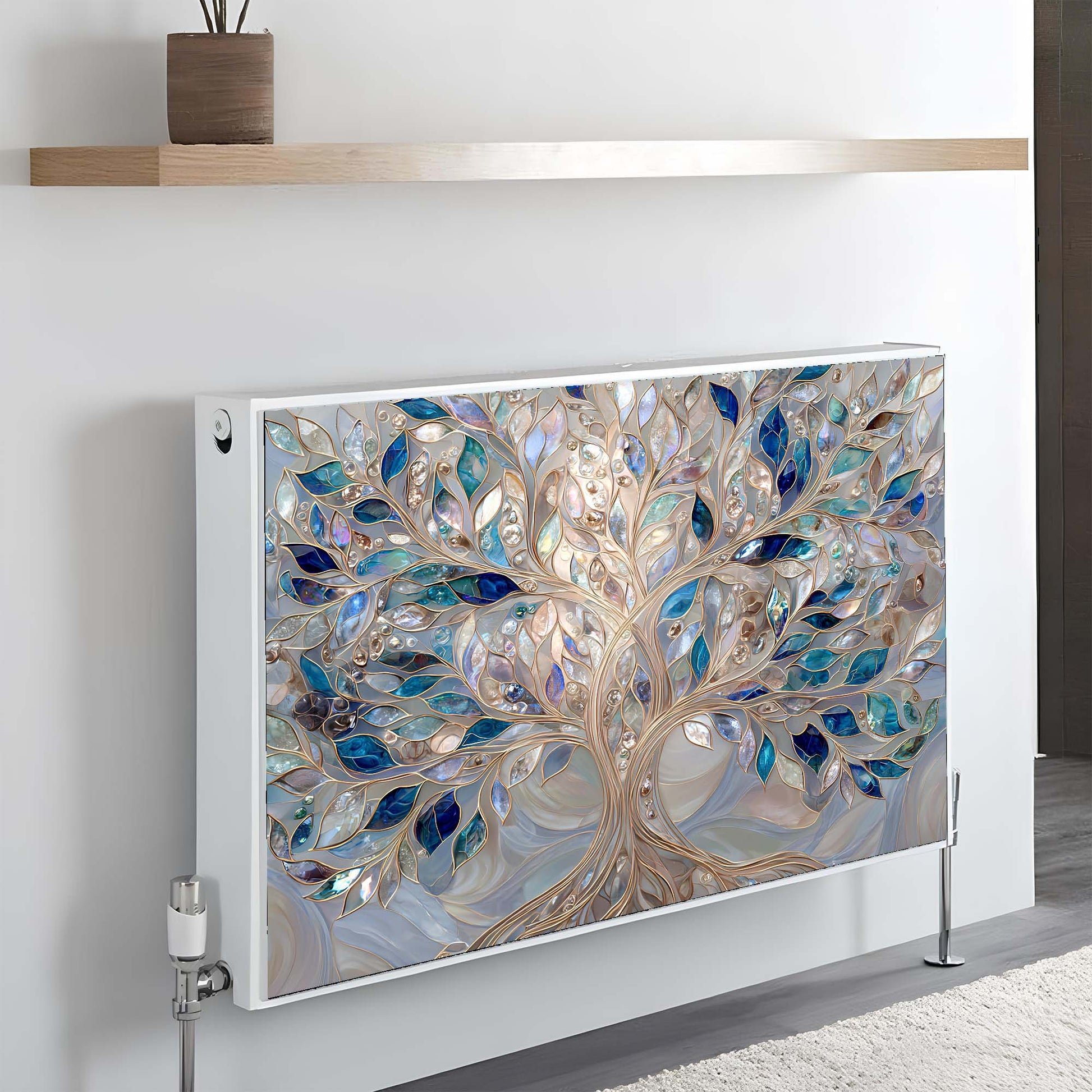 Decorative magnetic radiator cover with tree design on a wall